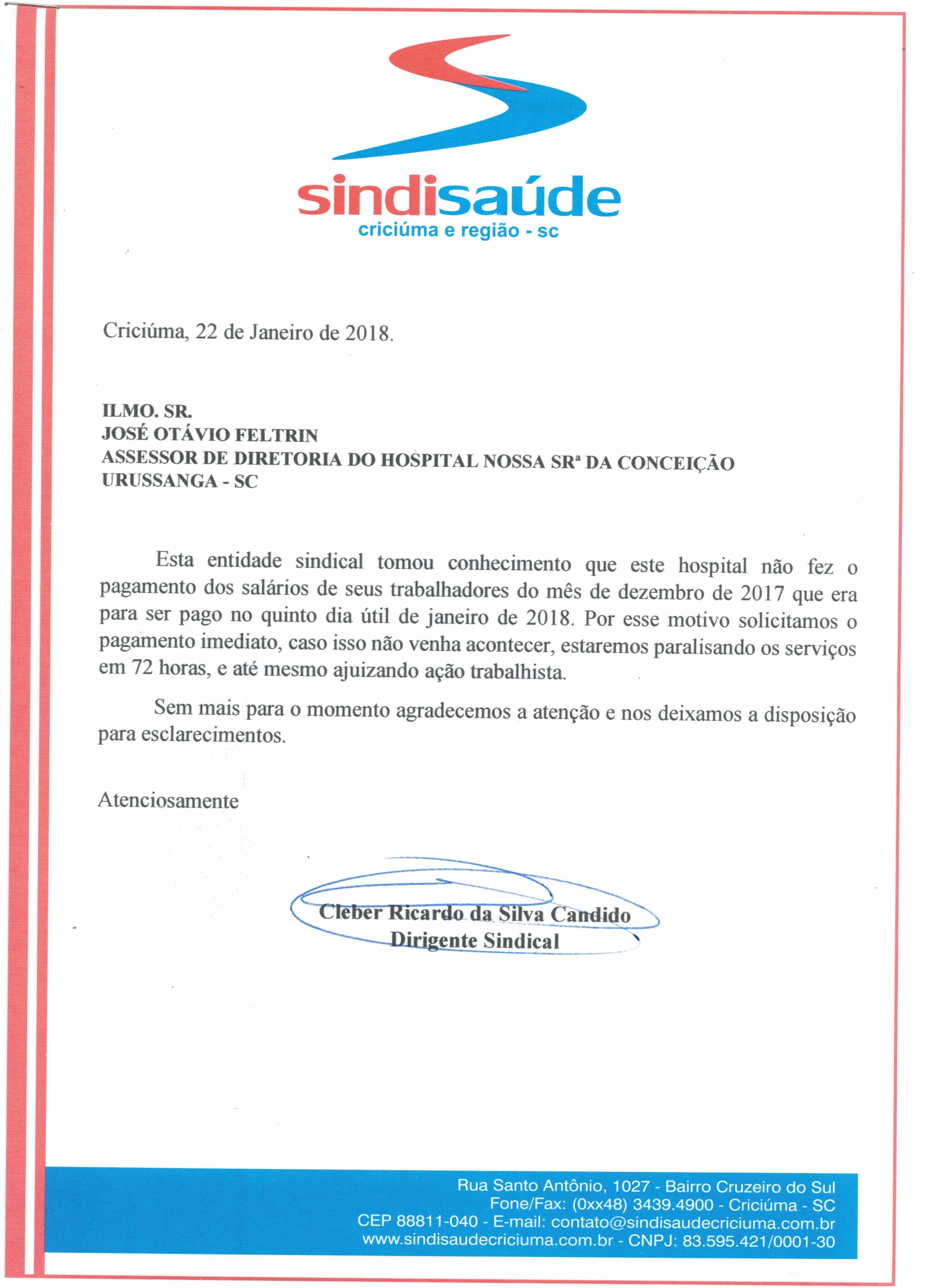 OFÍCIO ENCAMINHADO AO HOSPITAL DE URUSSANGA