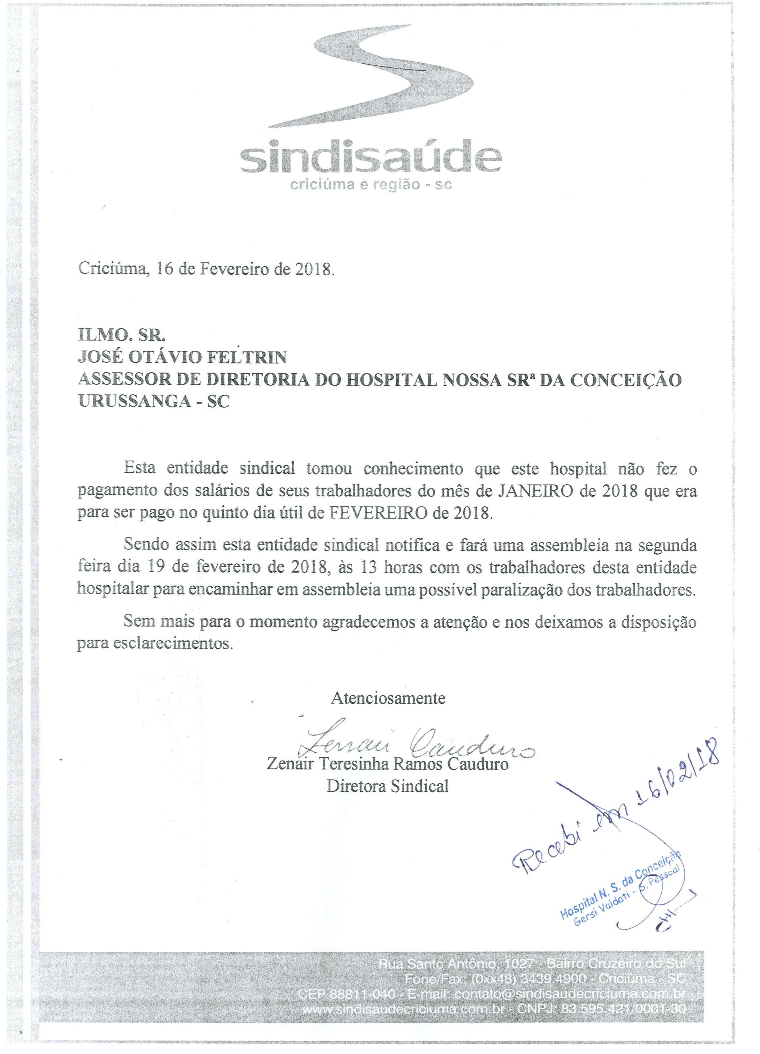 OFÍCIO ENCAMINHADO AO HOSPITAL DE URUSSANGA