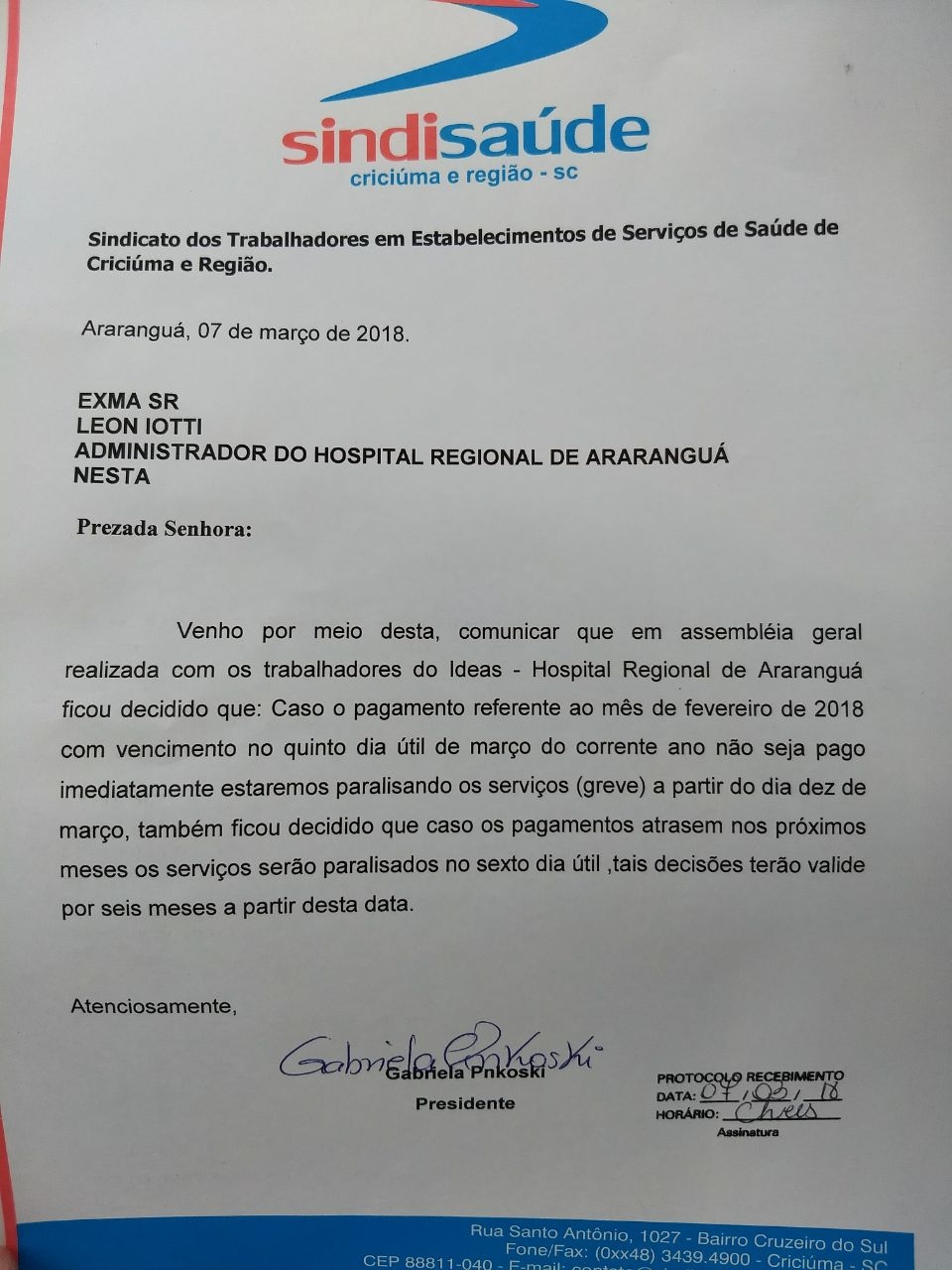 Ofício comunicação de greve por atraso de pagamento dos salário dos trabalhadores do IDEAS - HRA