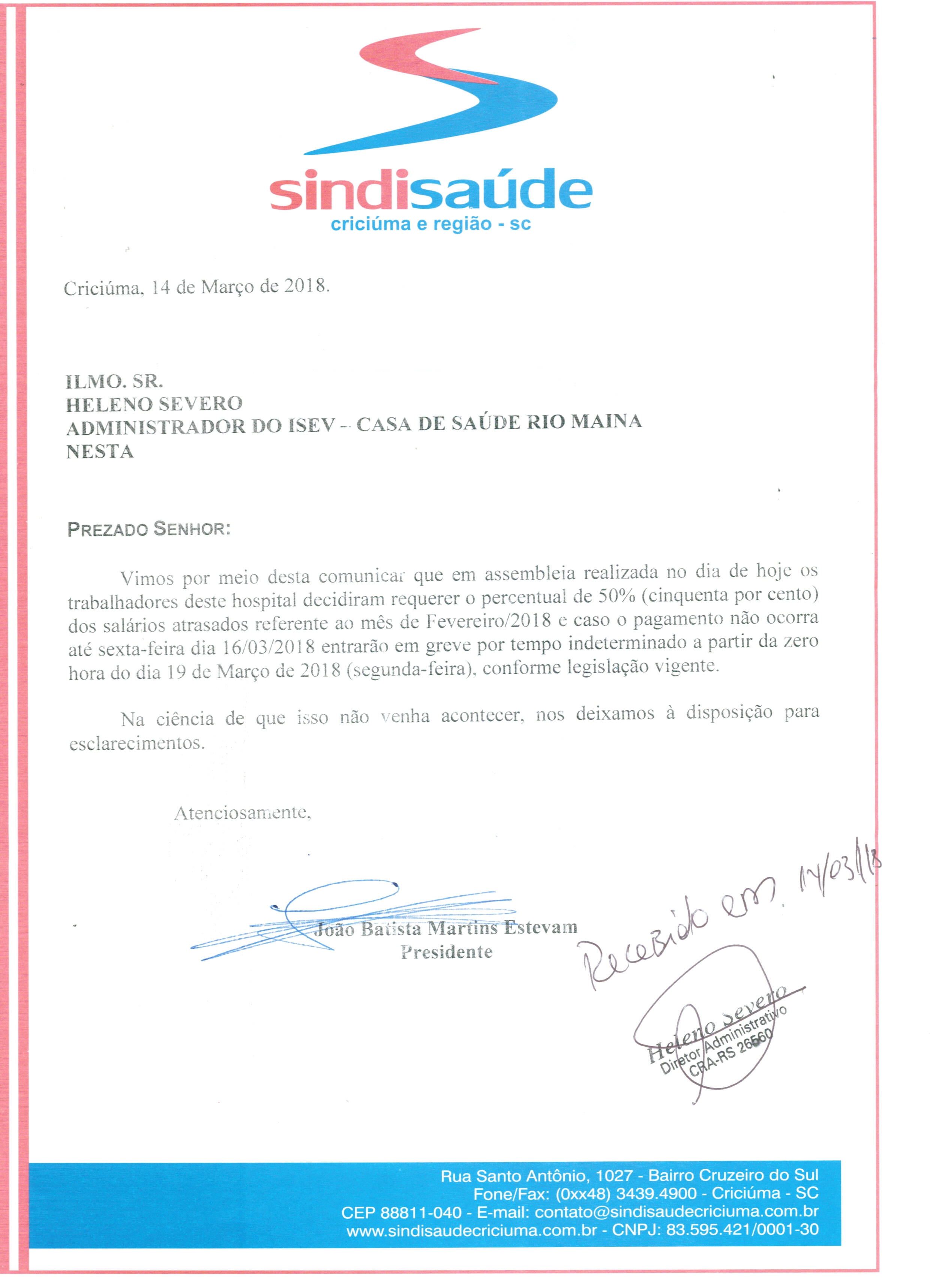 OFÍCIO ENCAMINHADO AO ISEV - CASA DE SAÚDE RIO MAINA