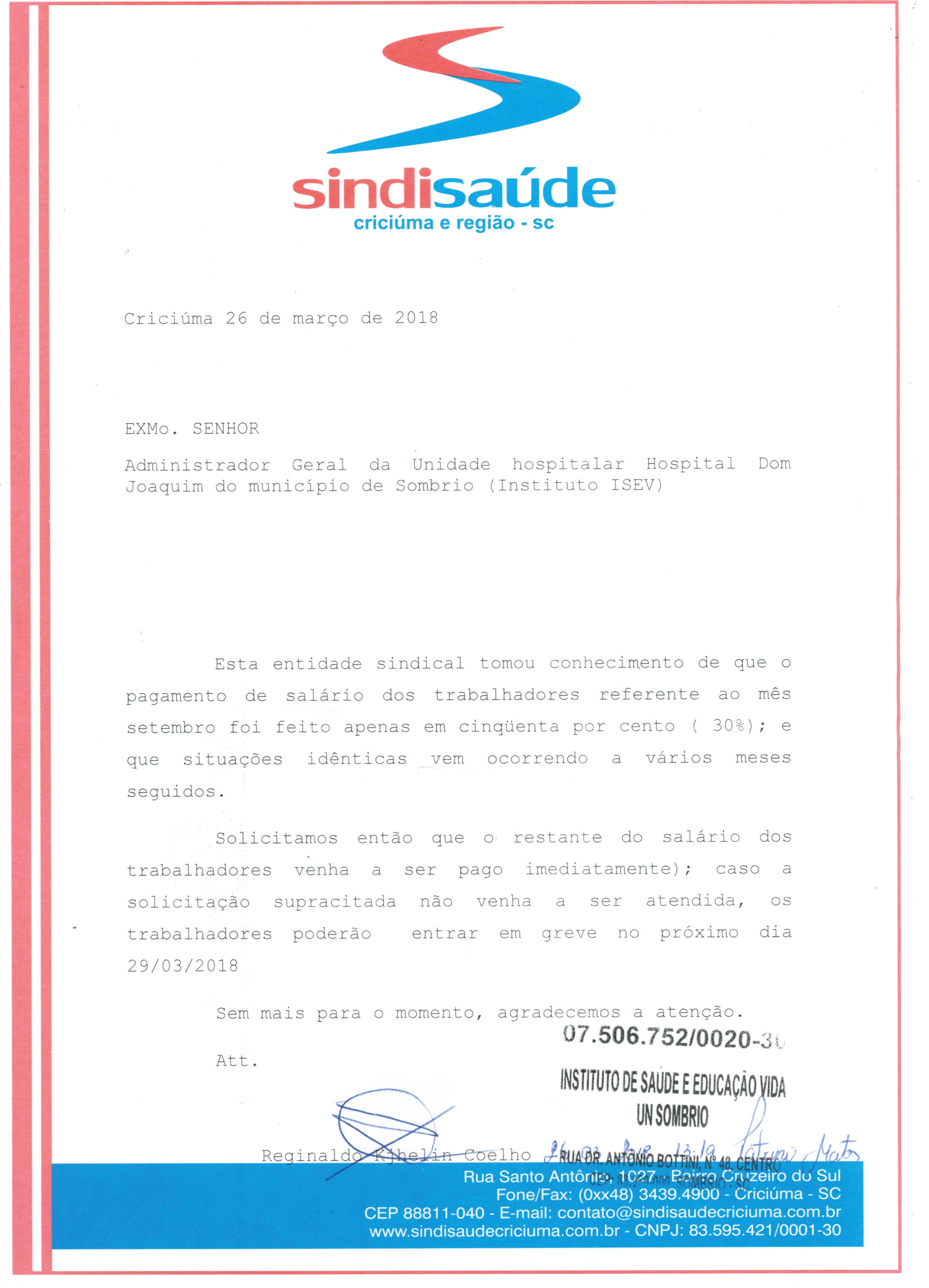 OFÍCIO ENCAMINHADO AO ISEV - HOSPITAL DE SOMBRIO