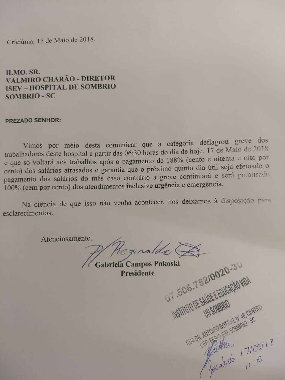 OFÍCIO GREVE ISEV - HOSPITAL DE SOMBRIO