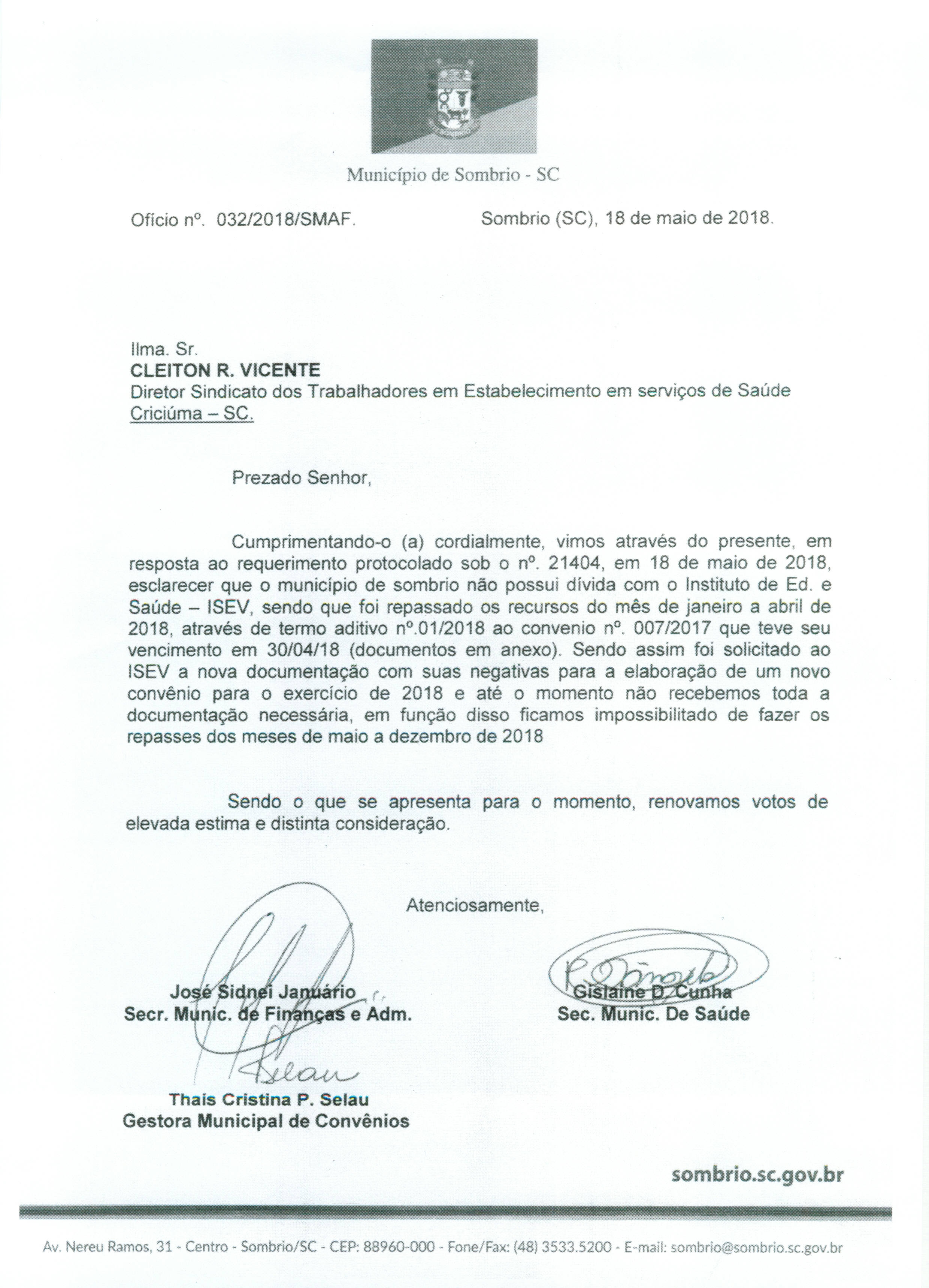 RESPOSTA DA PREFEITURA DE SOMBRIO AO SINDISAÚDE 