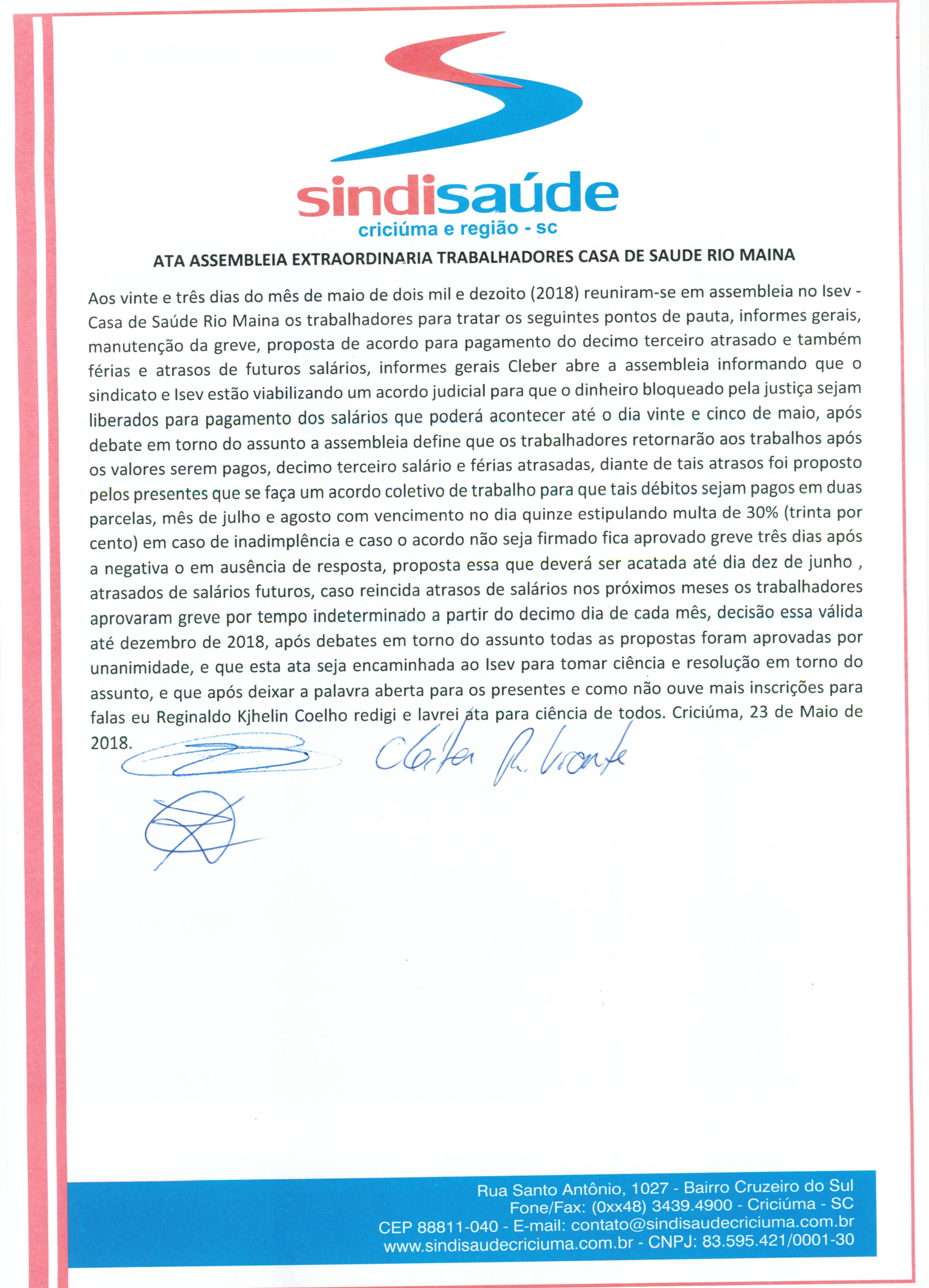 Ata assembléia geral extraordinária da 23 de Maio de 2018 - ISEV Casa de Saúde Rio Maina
