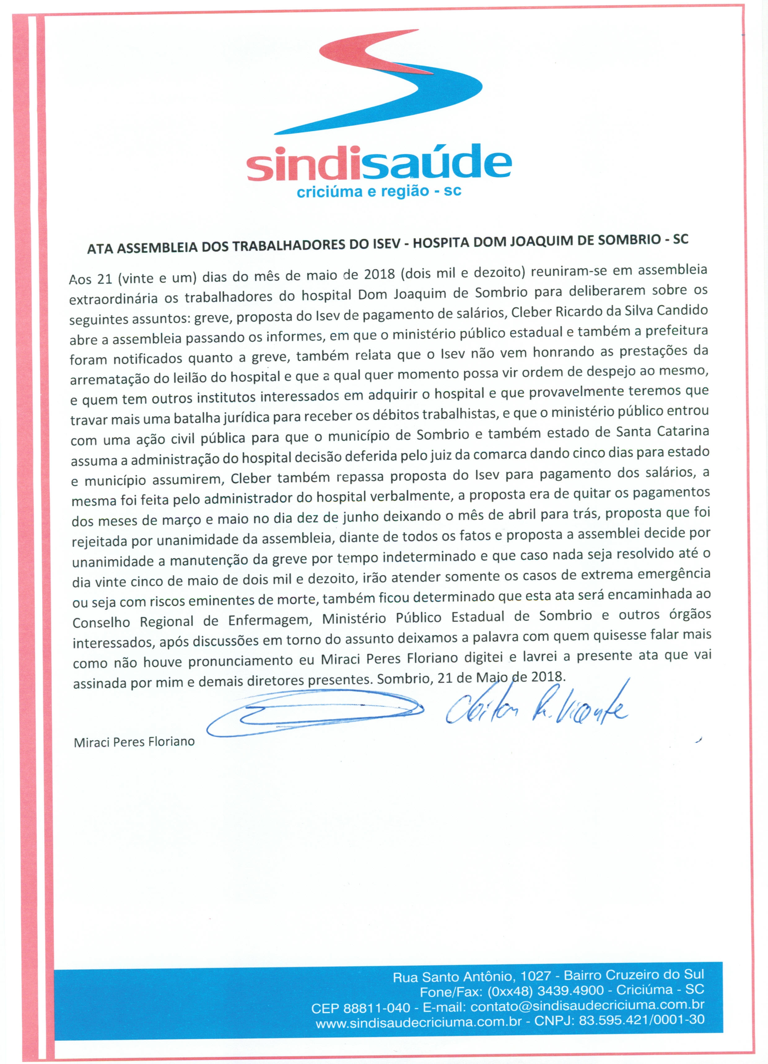 Ata assembléia geral extraordinária dia 21 de Maio de 2018 - ISEV Hospital Dom Joaquim de Sombrio