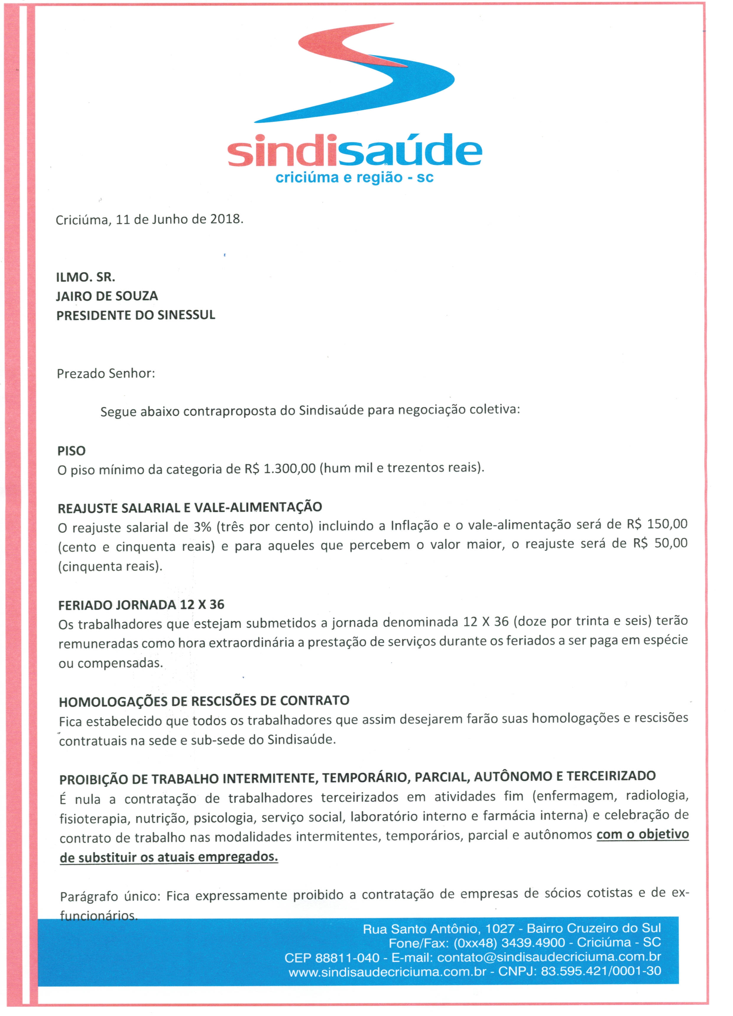 OFÍCIO CONTRAPROPOSTA PARA NEGOCIAÇÃO COLETIVA 