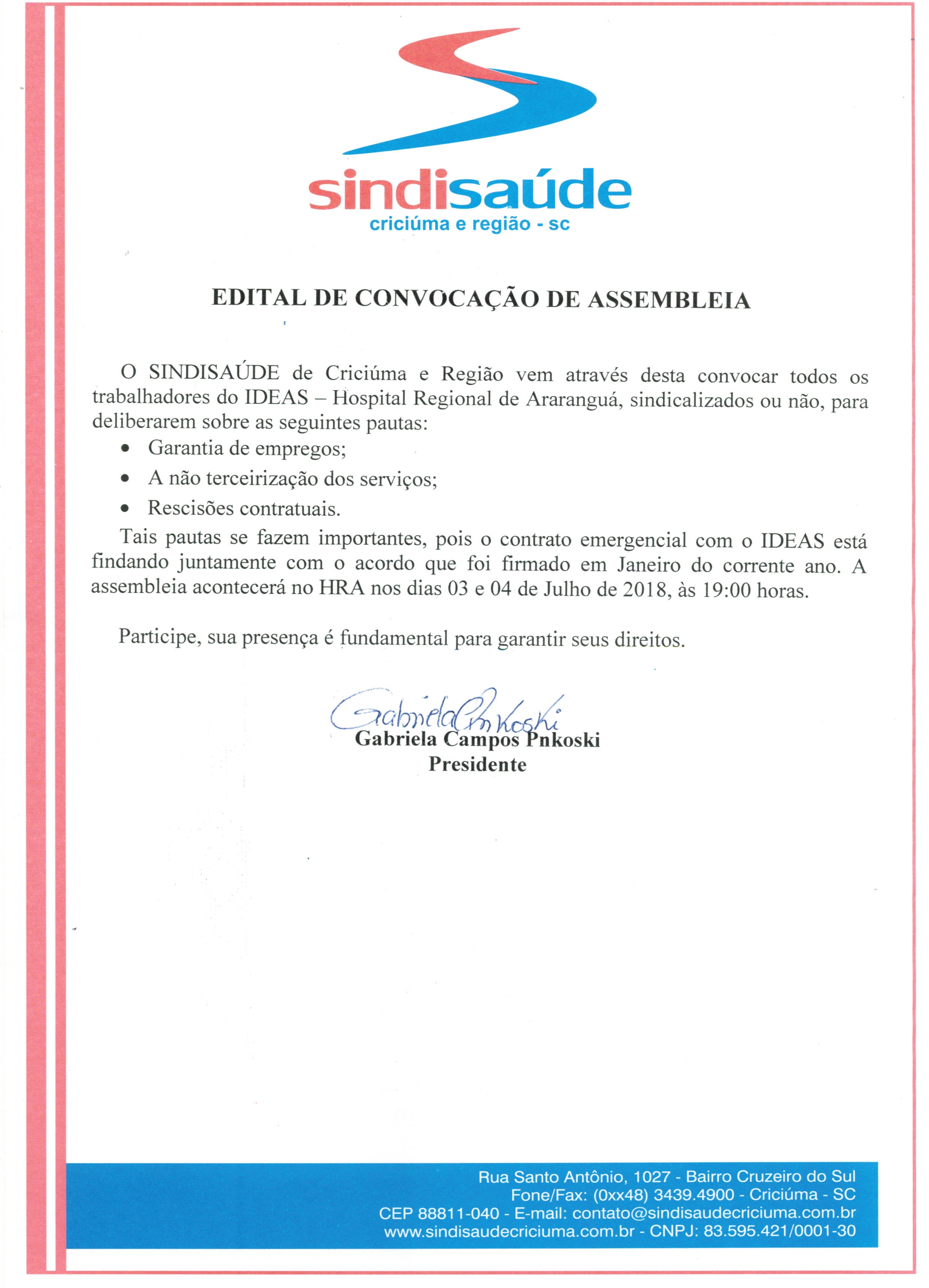EDITAL DE CONVOCAÇÃO DE ASSEMBLEIA IDEAS - HRA
