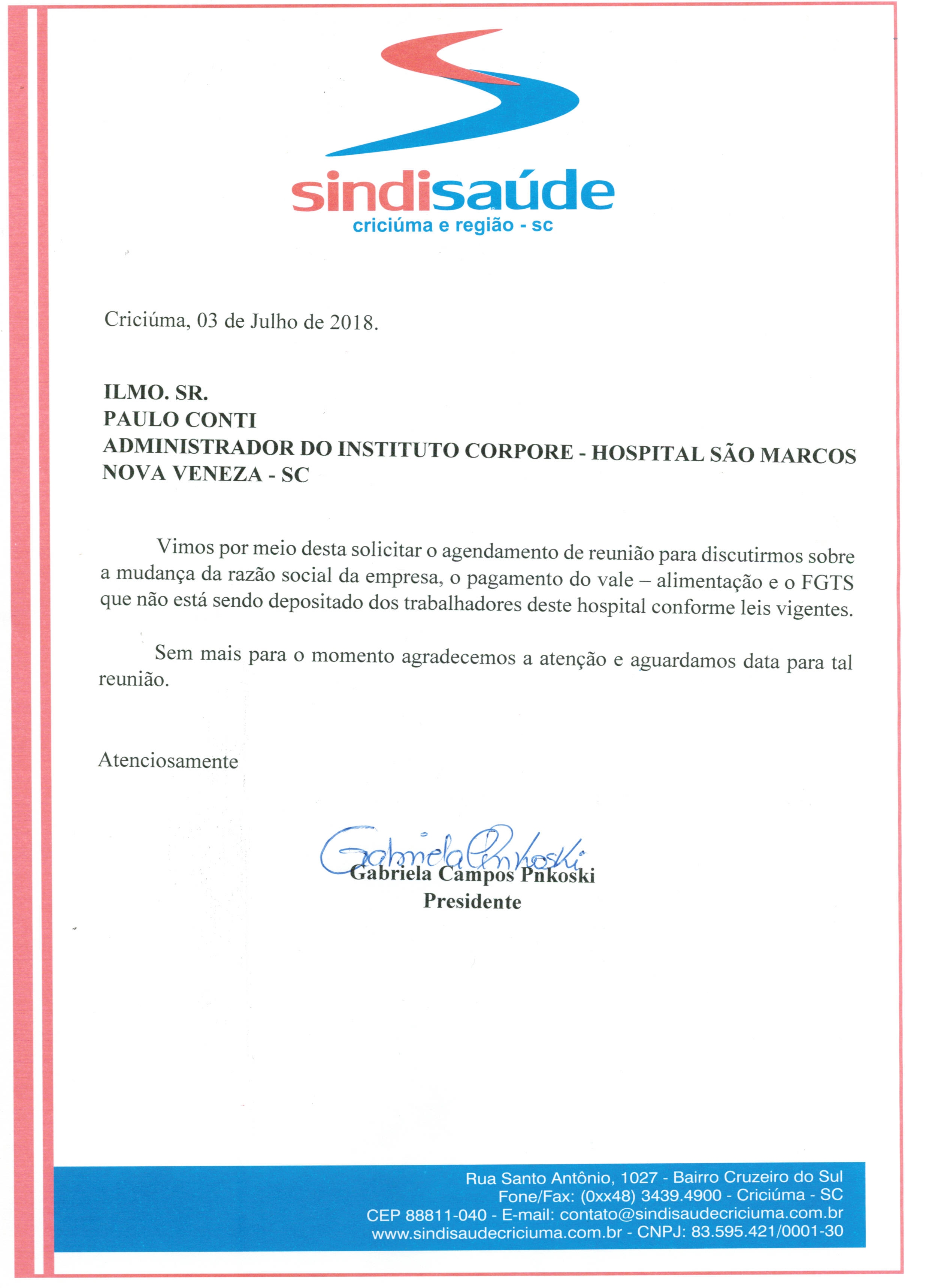 OFÍCIO ENCAMINHADO A CORPORE - HOSPITAL SÃO MARCOS DE NOVA VENEZA