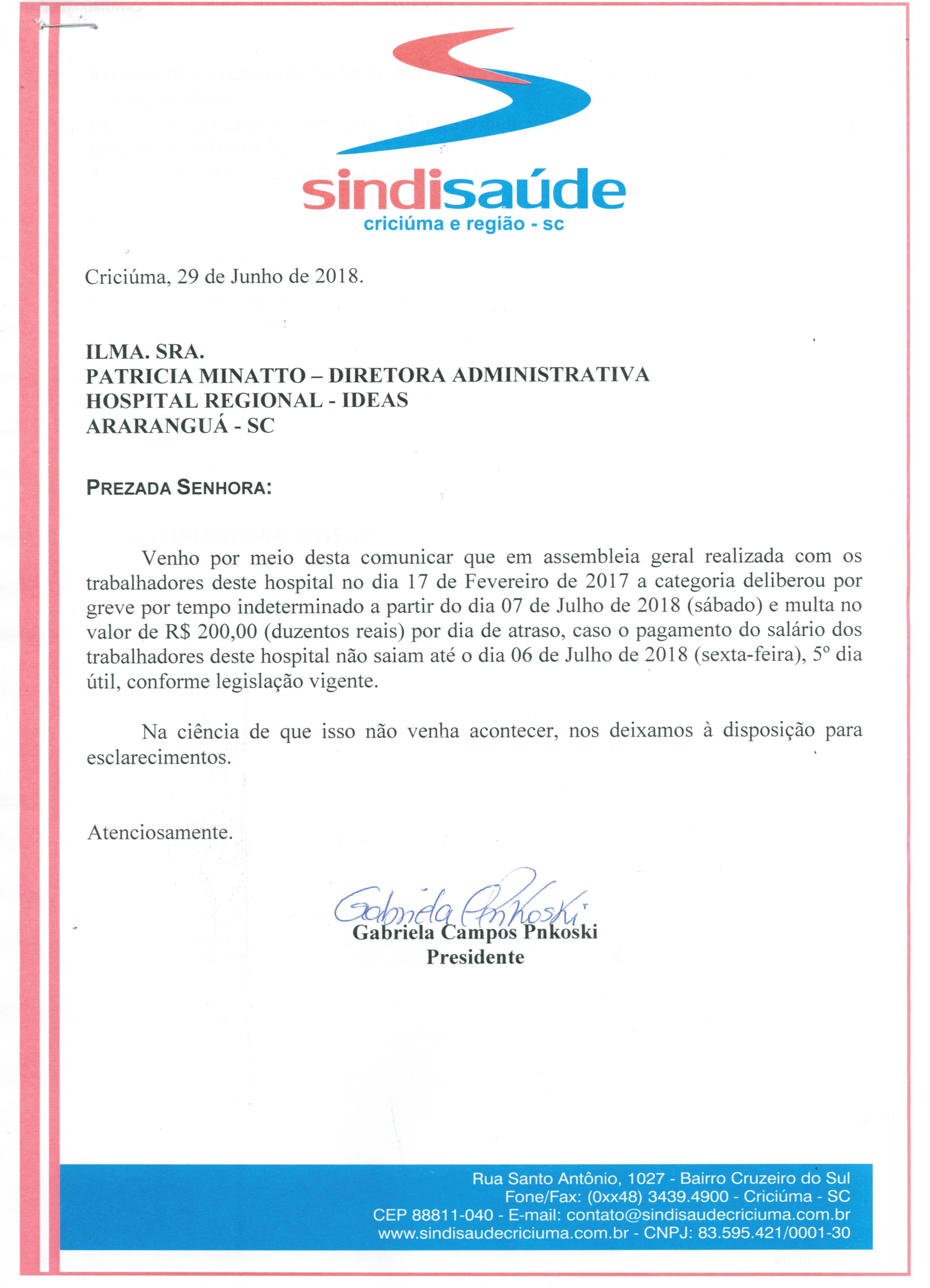 OFICIOS COMUNICAÇÃO DE GREVE POR ATRASO DE SALÁRIO HOSPITAIS
