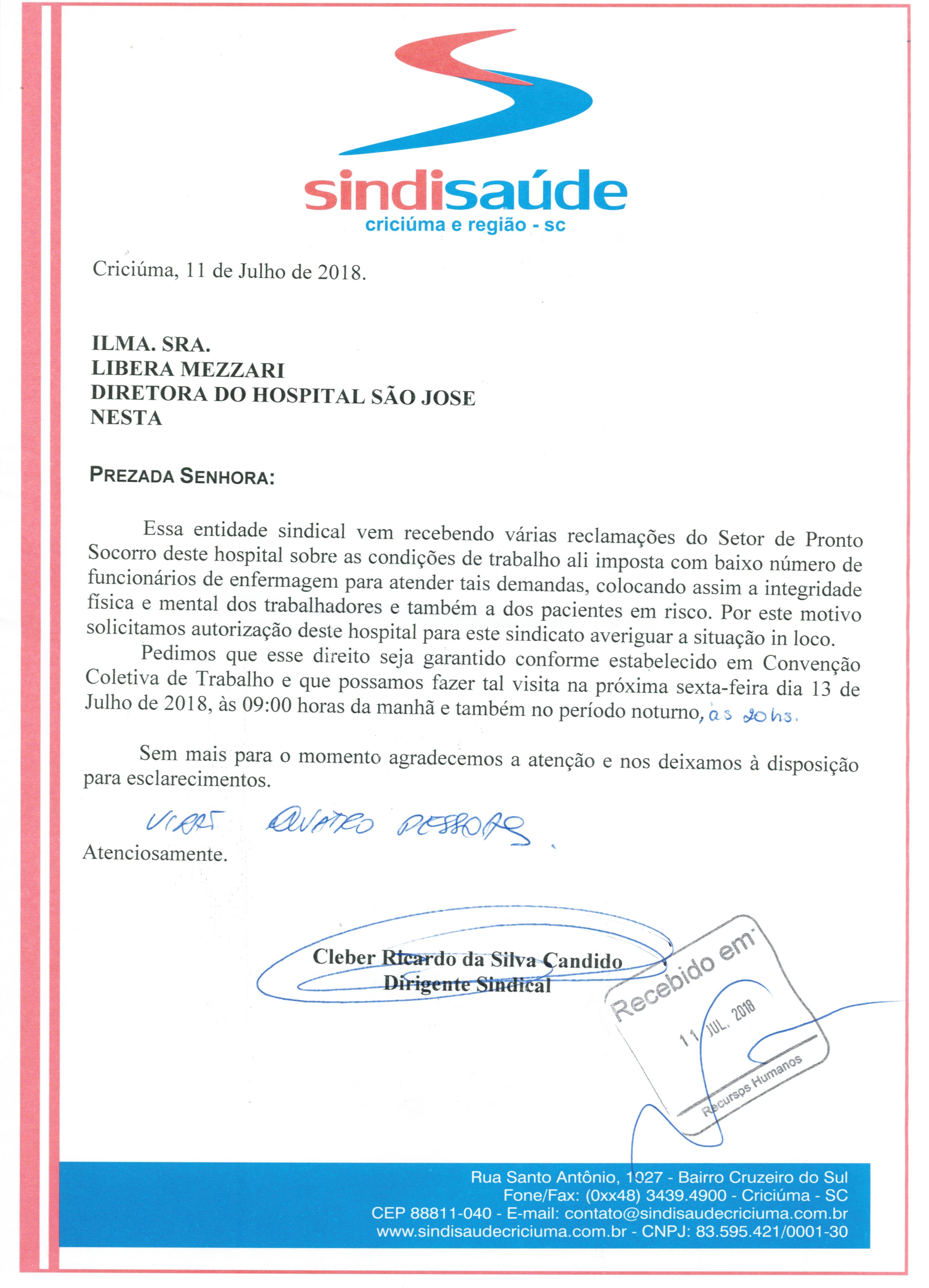 OFÍCIO ENCAMINHADO AO HOSPITAL SÃO JOSÉ