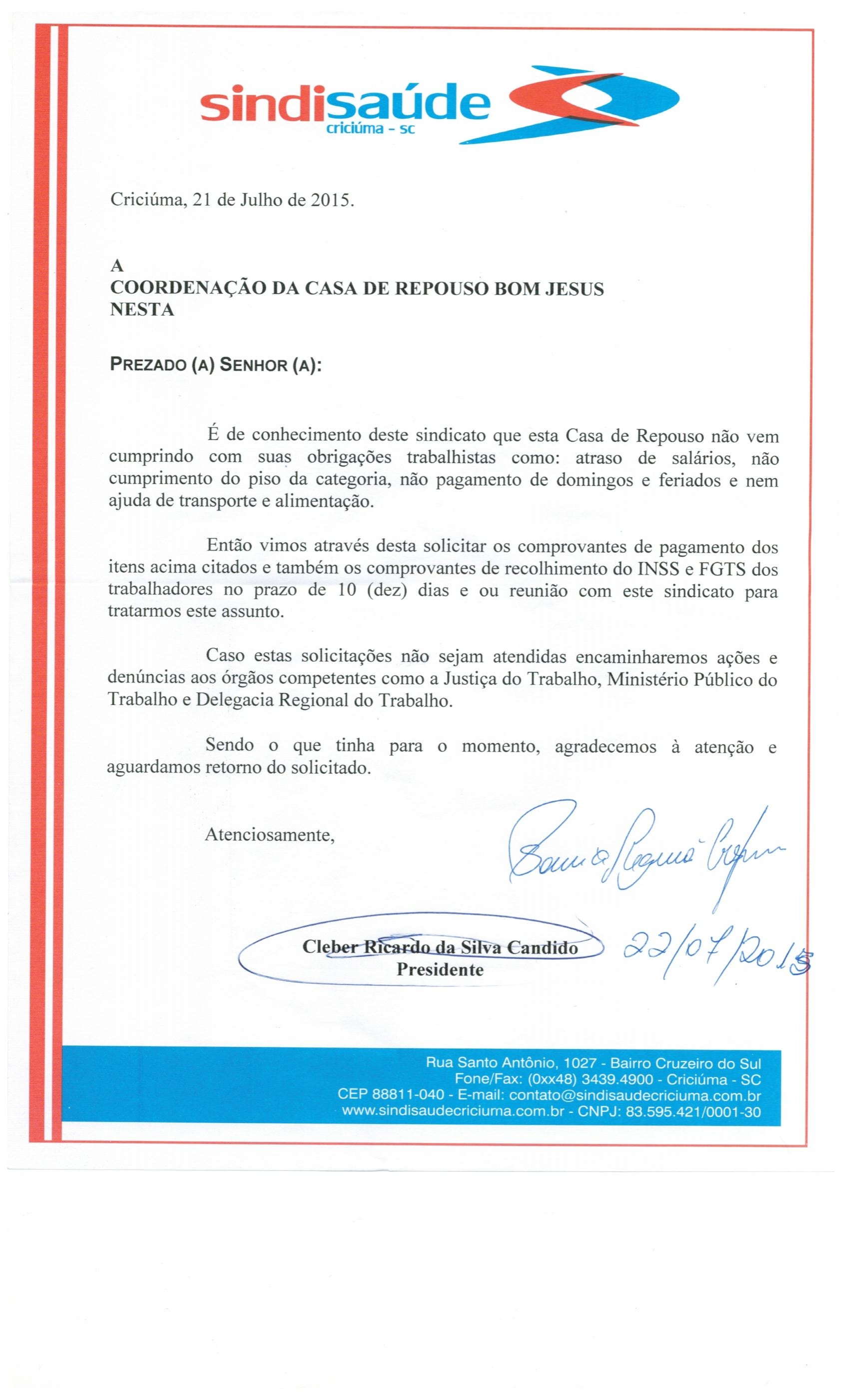 Ofício encaminhado a Casa de Repouso Bom Jesus