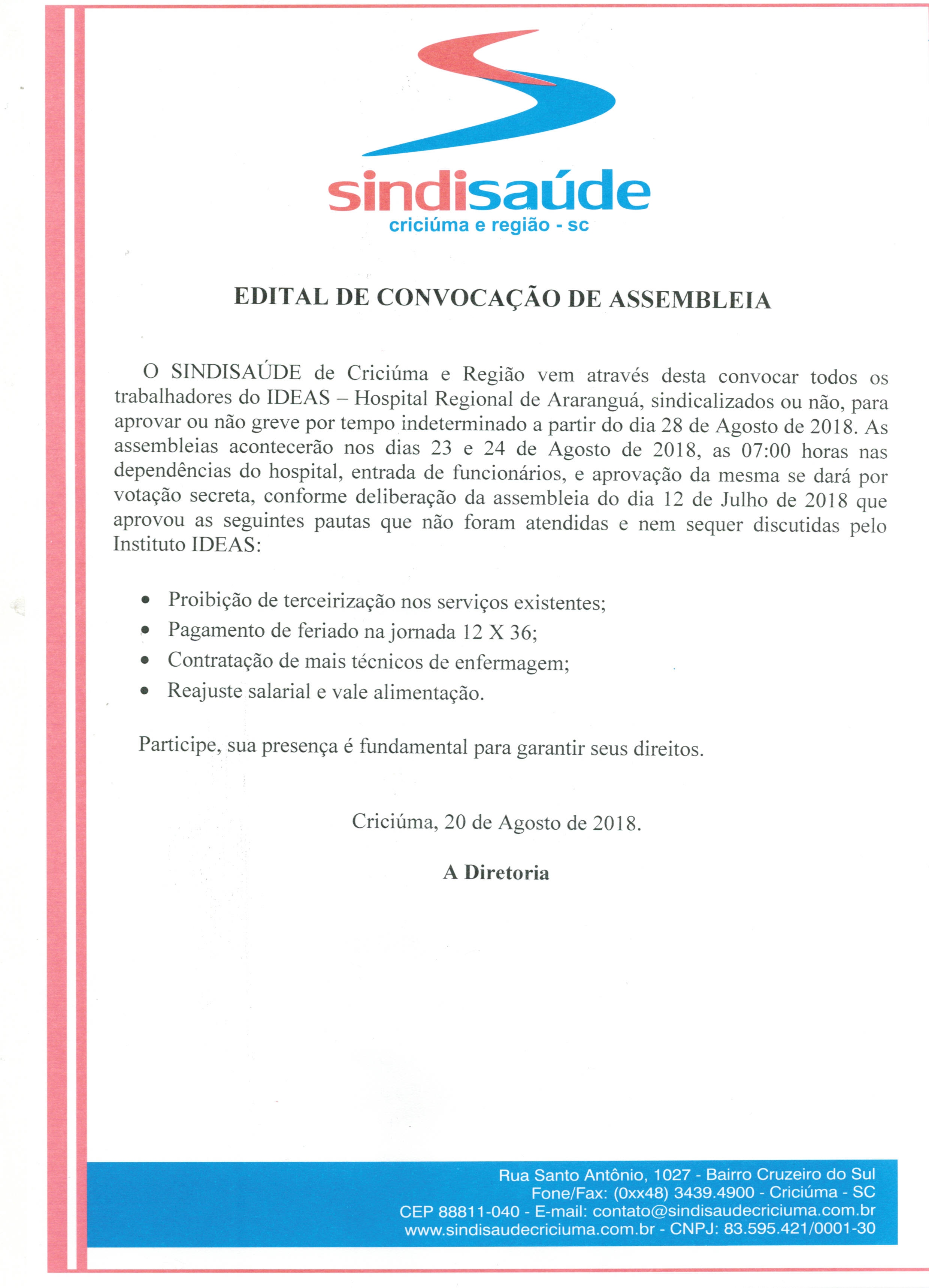 EDITAL DE CONVOCAÇÃO DE ASSEMBLEIA IDEAS - HRA