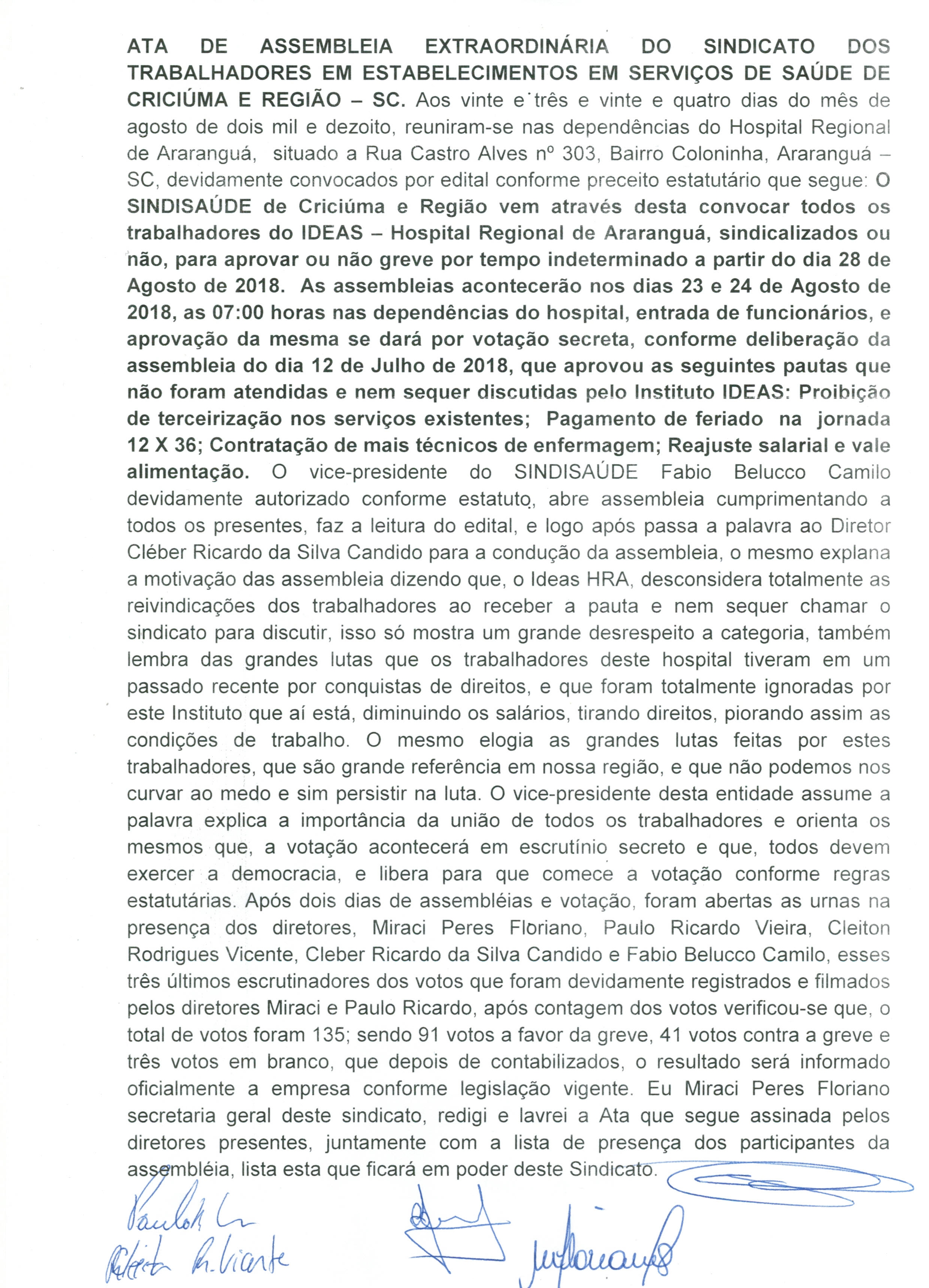 Ata assembléia geral extraordinária IDEAS - HRA realizada nos dias 23 e 24 de Agosto de 2018 