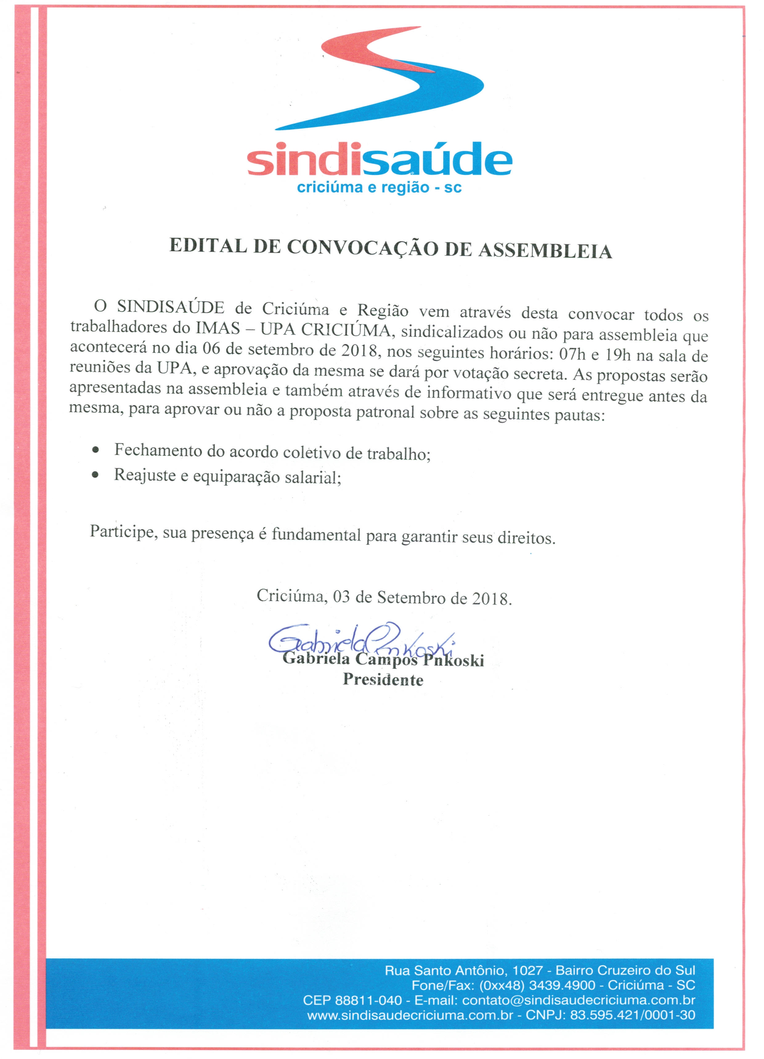 EDITAL DE CONVOCAÇÃO ASSEMBLEIA IMAS - UPA CRICIÚMA