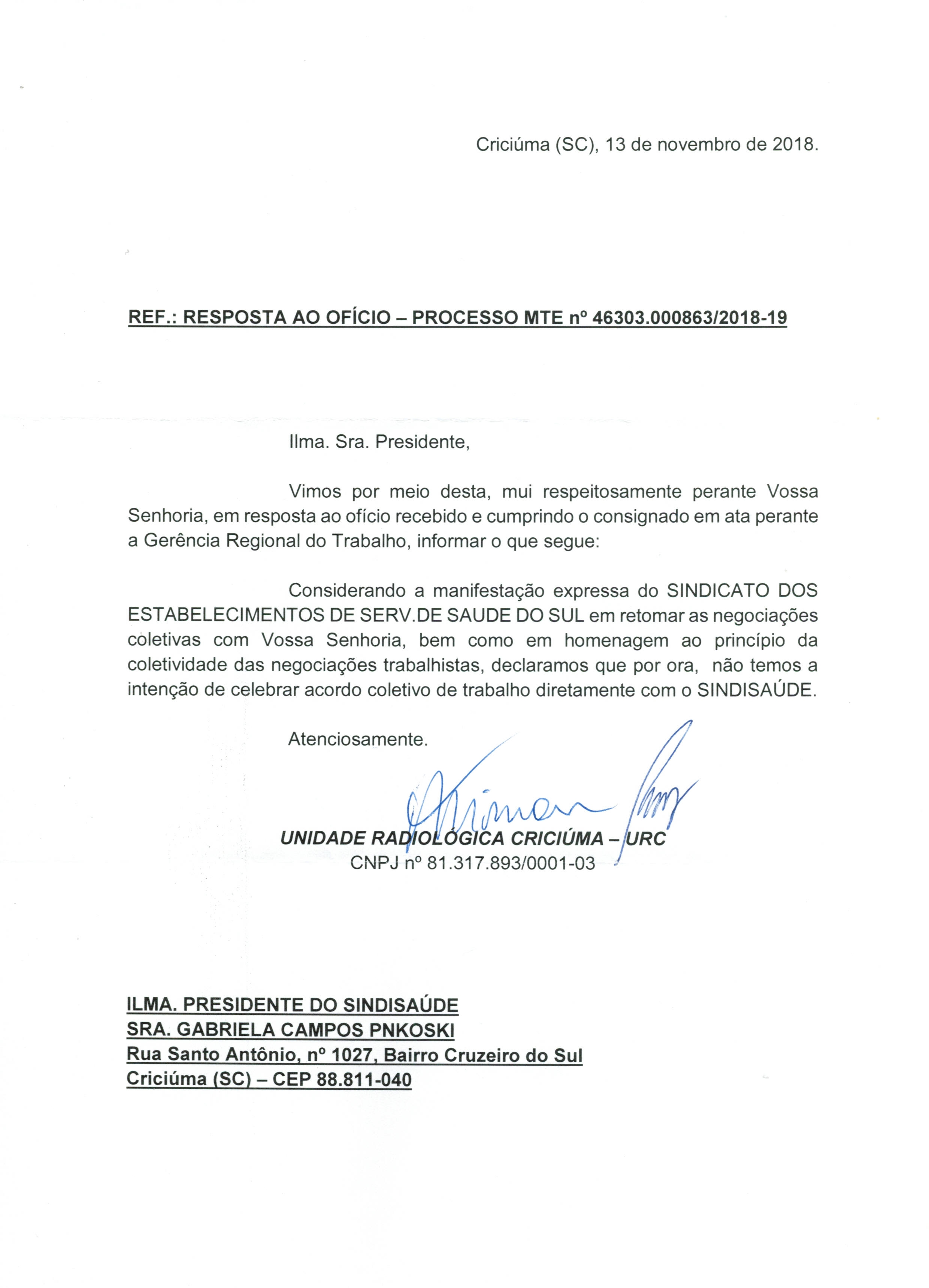 OFÍCIO RESPOSTA URC SOBRE NEGOCIAÇÃO COLETIVA