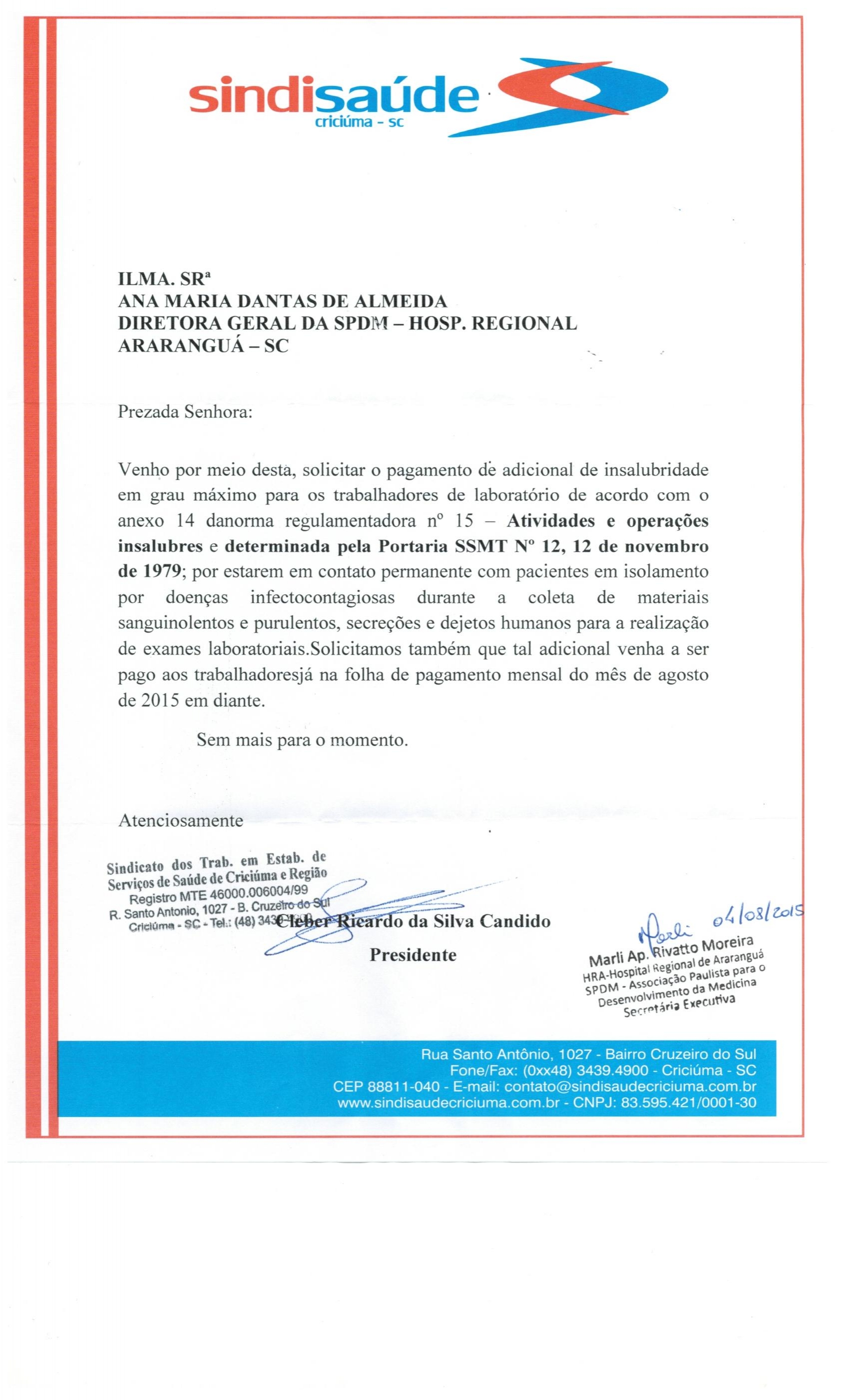 Ofício encaminhado a SPDM - HRA sobre pagamento de insalubridade