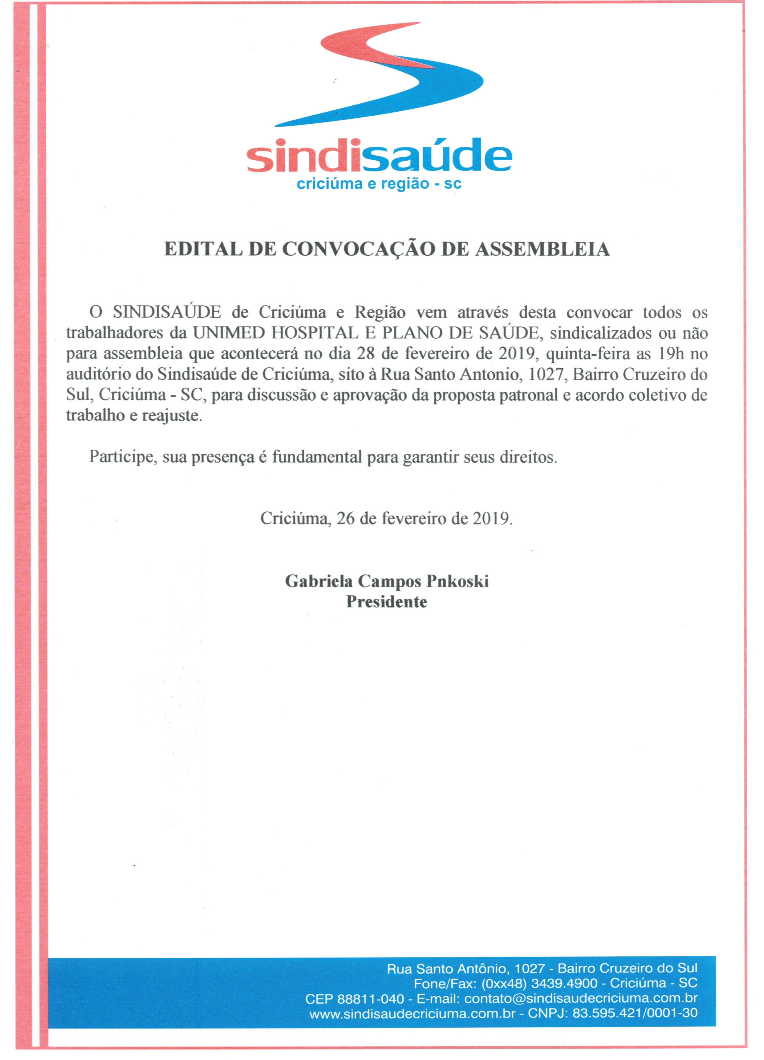 EDITAL DE CONVOCAÇÃO ASSEMBLEIA UNIMED HOSPITAL E PLANO DE SAÚDE