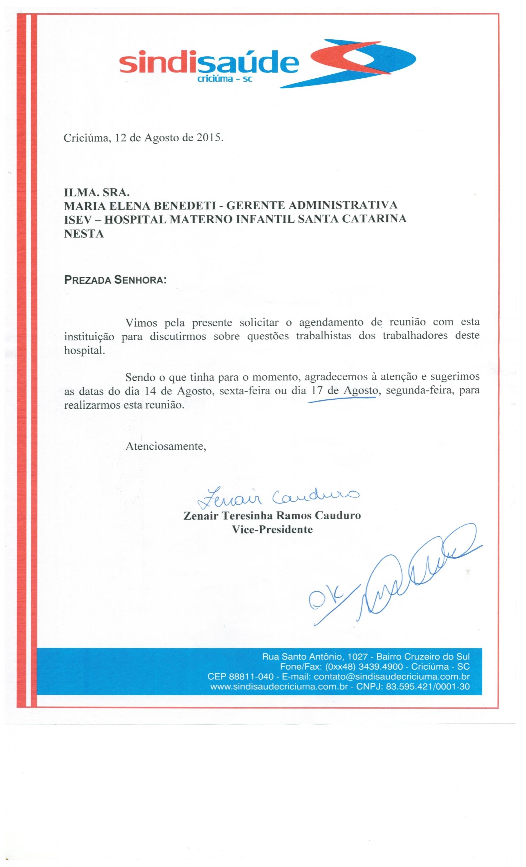 Ofício agendamento de reunião encaminhado ao ISEV/HMISC