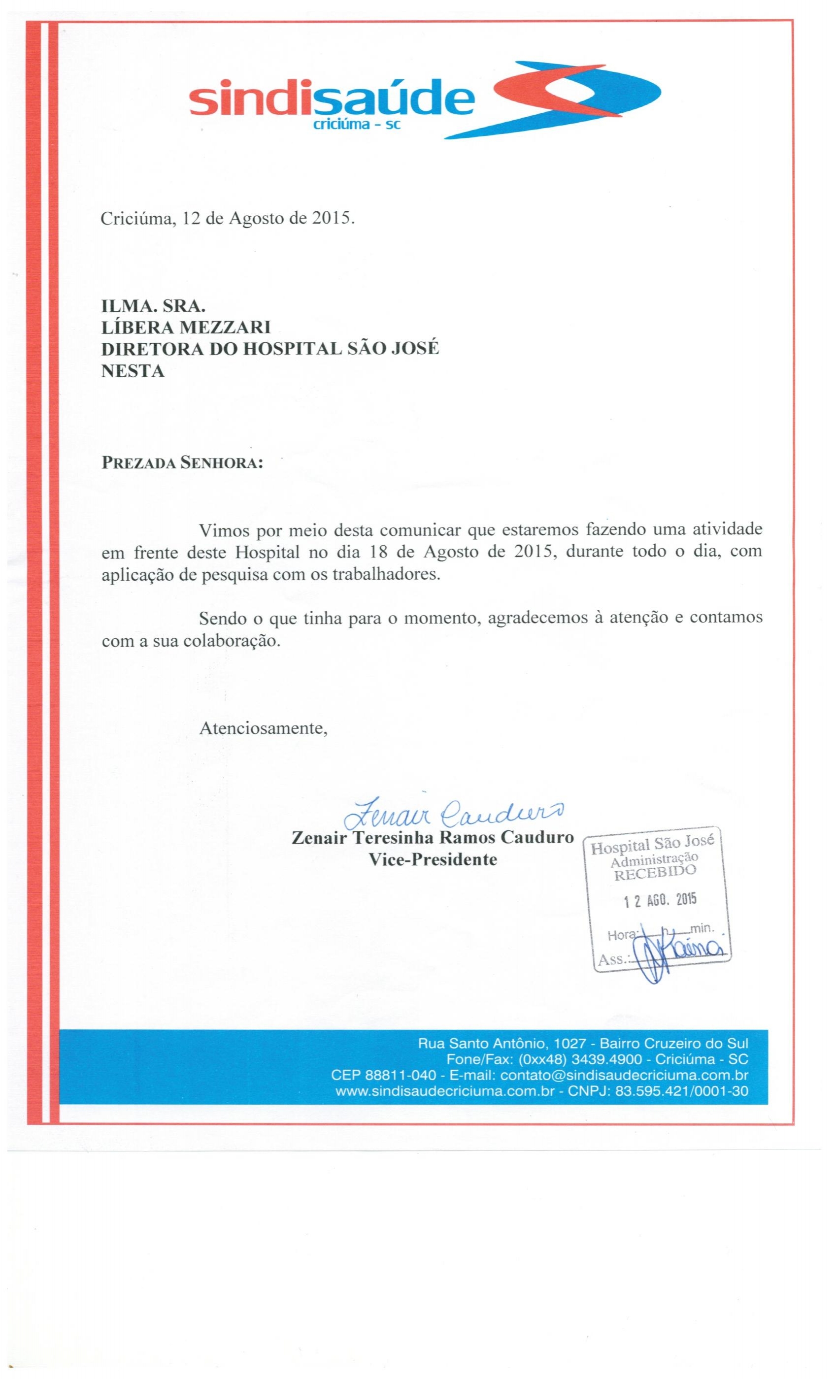 Ofício sobre atividade Hosp. São José