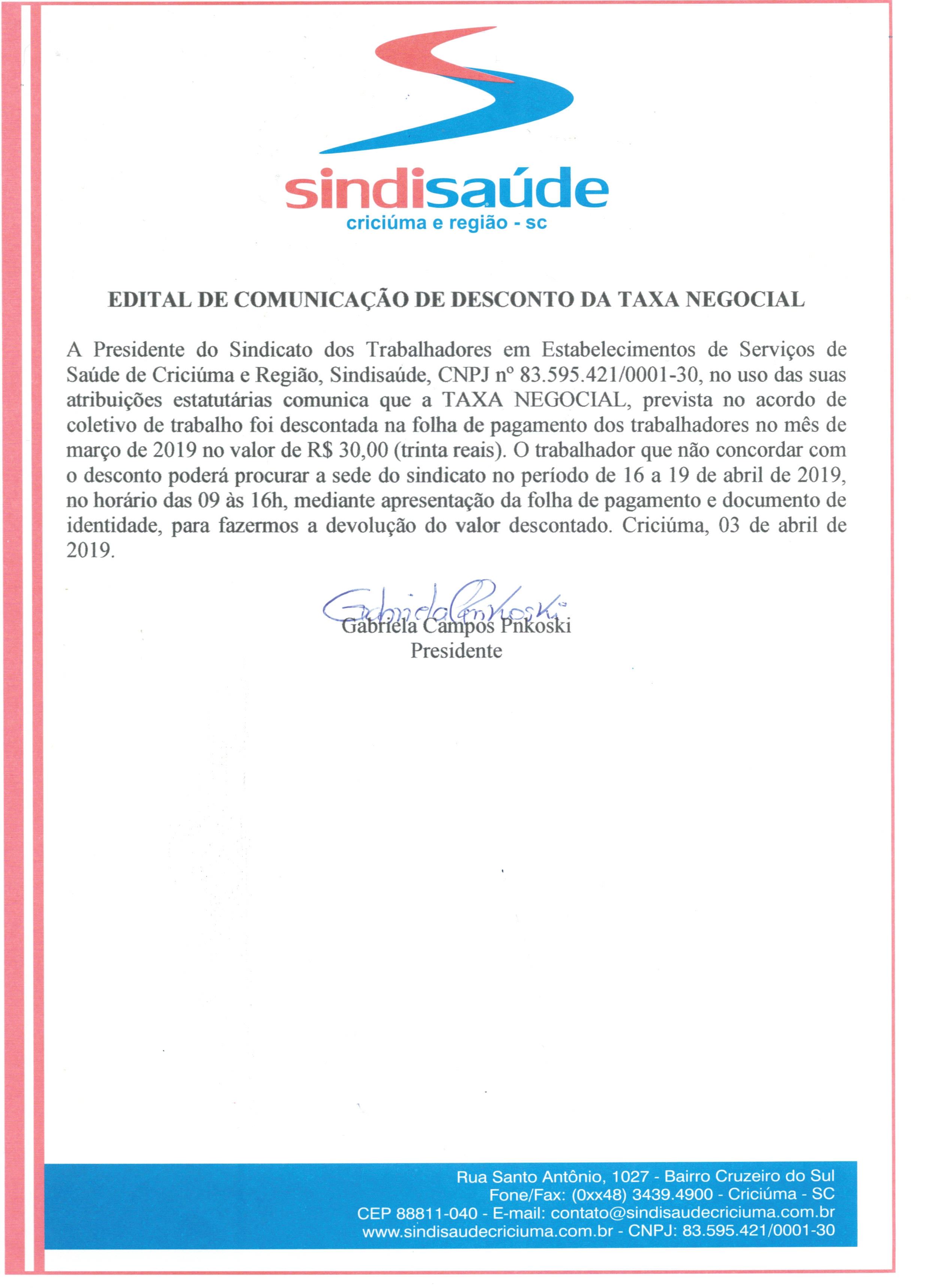 EDITAL DA TAXA NEGOCIAL UNIMED