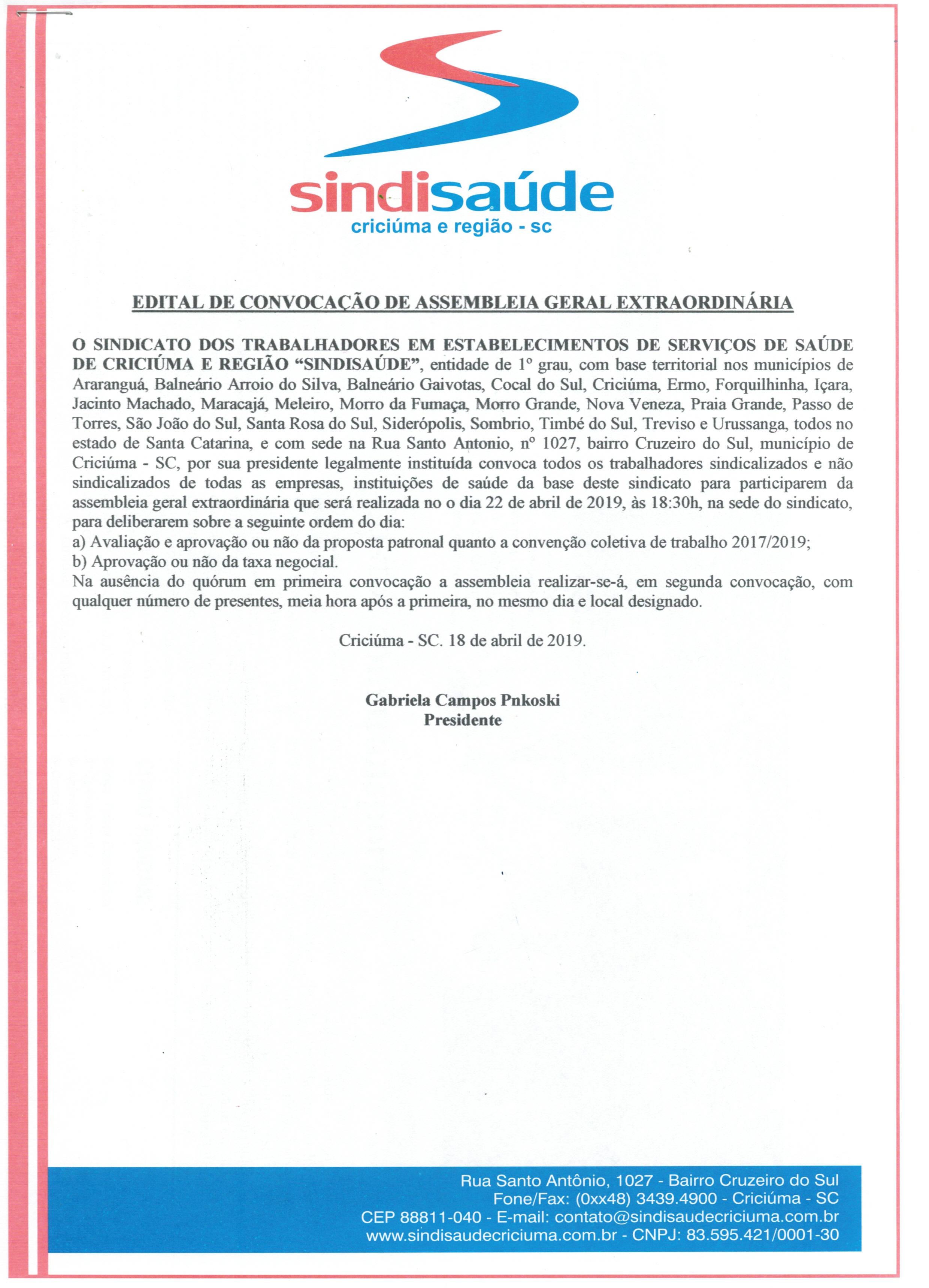 EDITAL ASSEMBLEIA CCT 2019