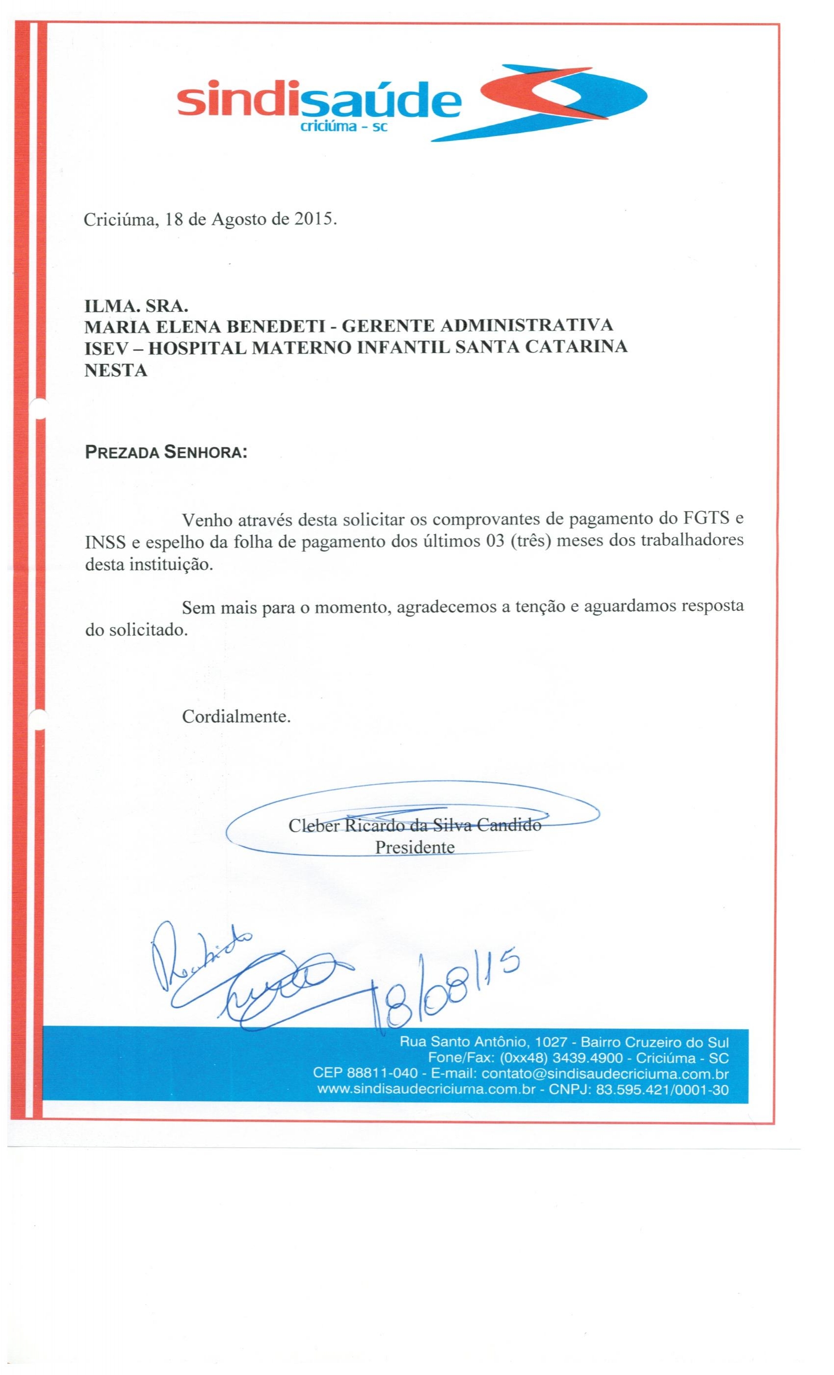 Oficio encaminhado ao ISEV-HMISC