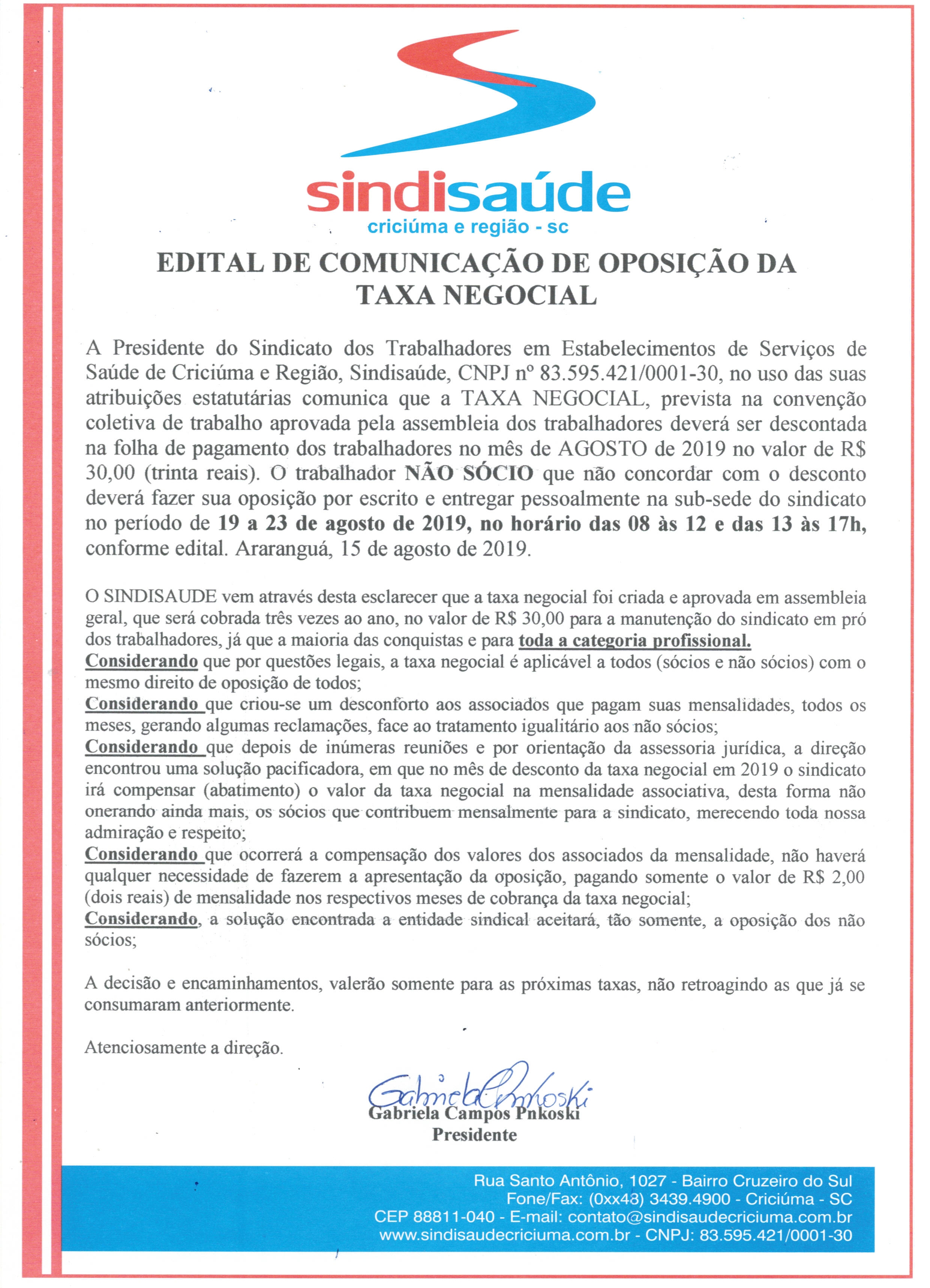 EDITAL DE COMUNICAÇÃO DE OPOSIÇÃO DA TAXA NEGOCIAL IMAS - HRA AGOSTO DE 2019