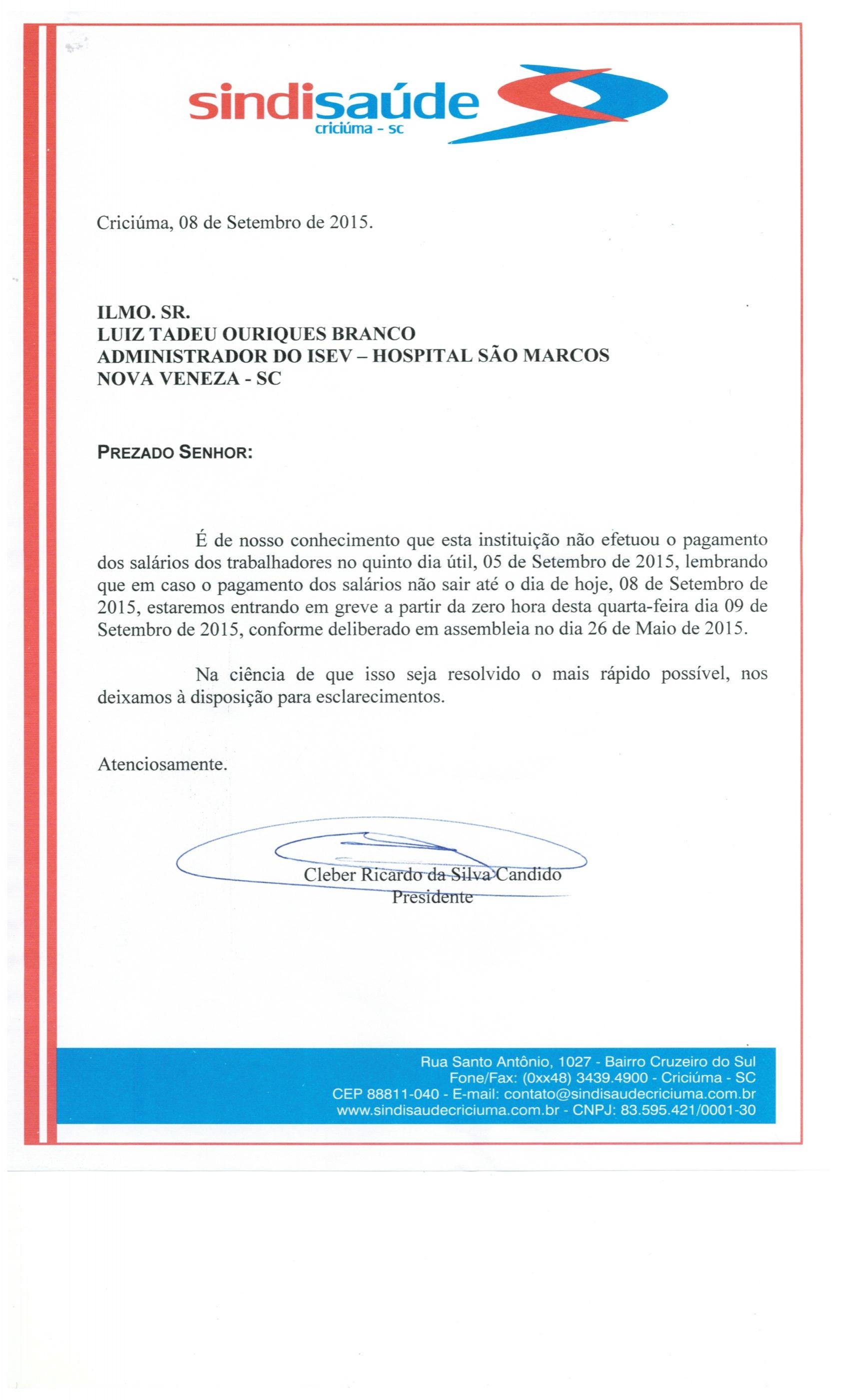 Oficio encaminhado ao ISEV - Nova Veneza sobre atraso do salário dos trabalhadores 