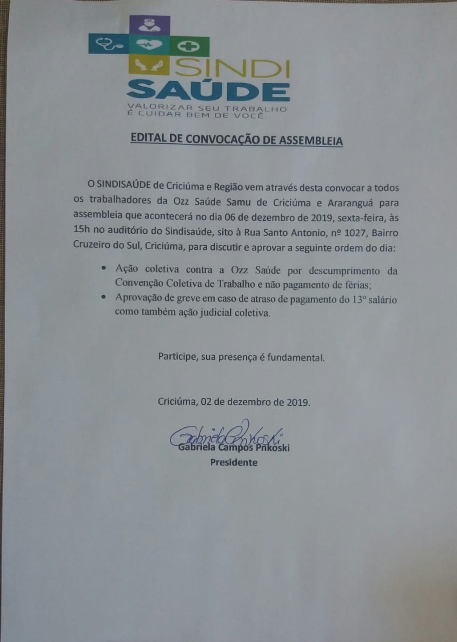 EDITAL DE ASSEMBLEIA OZZ SAÚDE SAMÚ DE CRICIÚMA E ARARANGUÁ