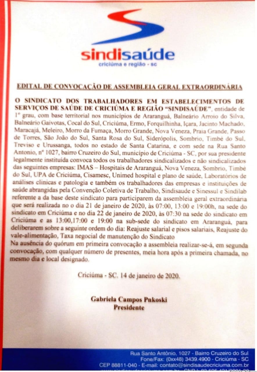 Assembleia Campanha Salarial  dias 21 e 22 em Criciúma e Araranguá