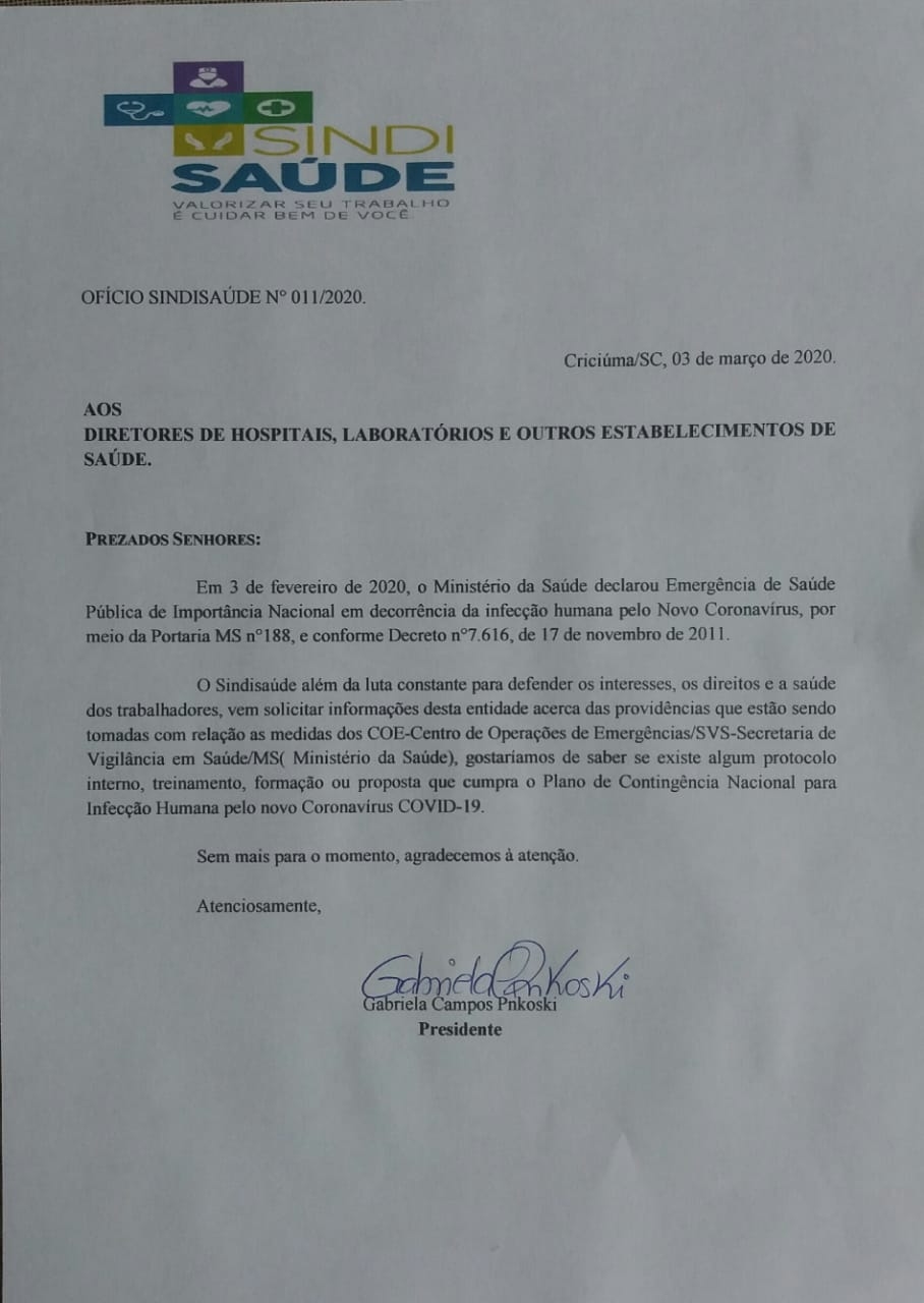 OFÍCIO SOBRE CORONAVÍRUS