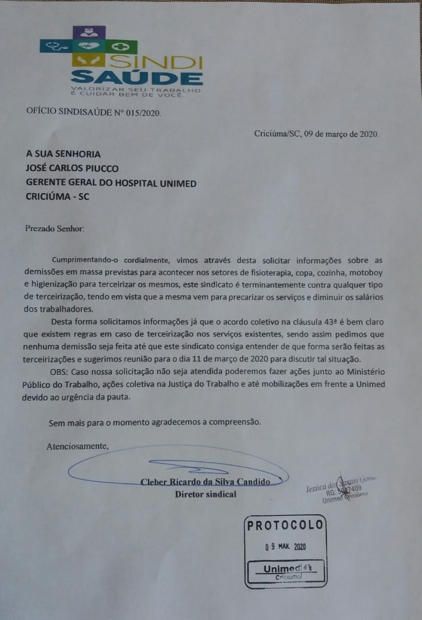 OFÍCIO ENCAMINHADO A UNIMED