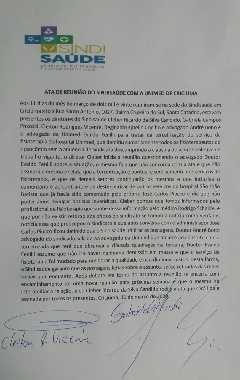 ATA DE REUNIÃO DO SINDISAÚDE COM A UNIMED