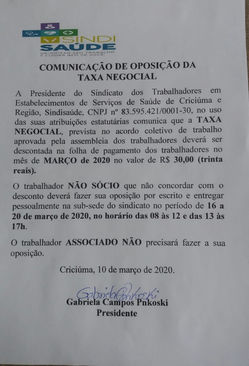 EDITAL DE OPOSIÇÃO AO DESCONTO DA TAXA NEGOCIAL MARÇO DE 2020 - UNIMED, CISAMESC E HOSPITAIS DO INTERIOR