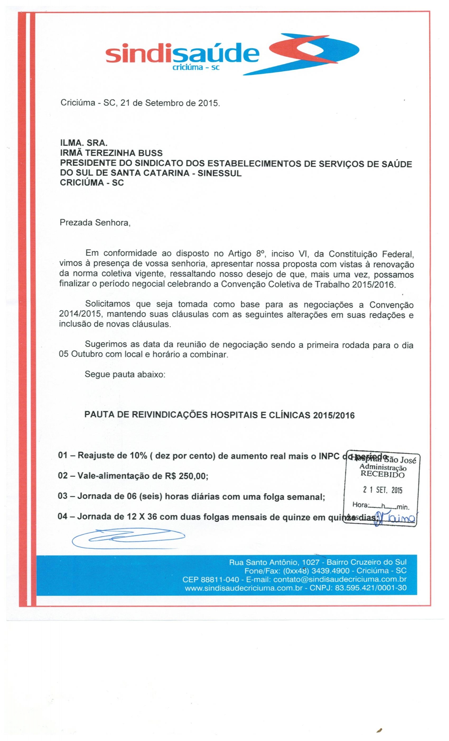 OFICIO PAUTA DE REIVINDICAÇÃO CCT 2015/2016 ENCAMINHADO AO SINESSUL