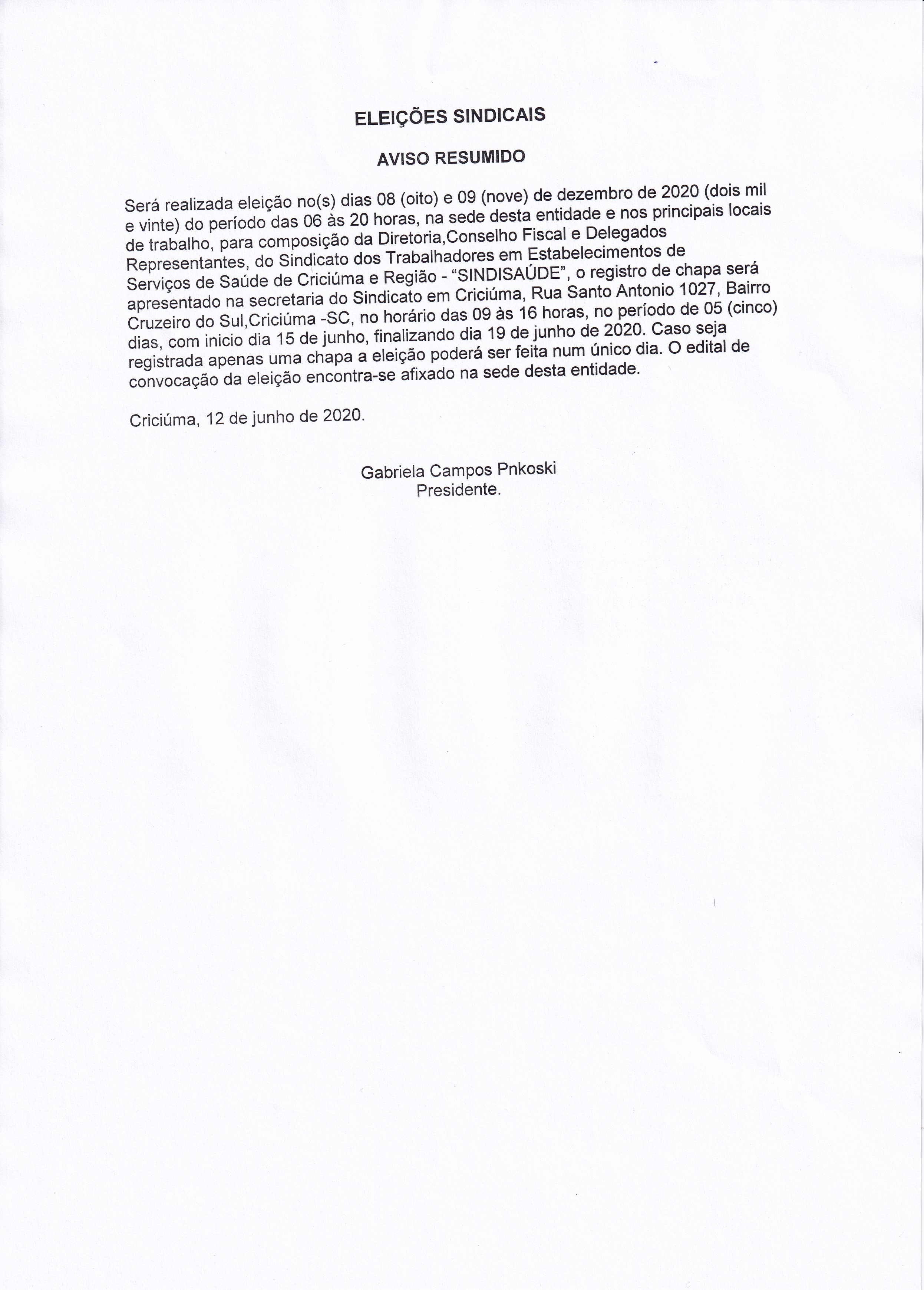 ERRATA - AVISO RESUMIDO ELEIÇÕES SINDICAIS 