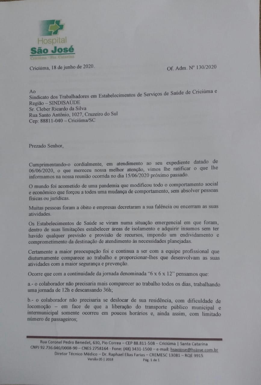 OFÍCIO RESPOSTA DO HOSPITAL SÃO JOSÉ SOBRE JORNADA 12 X 36