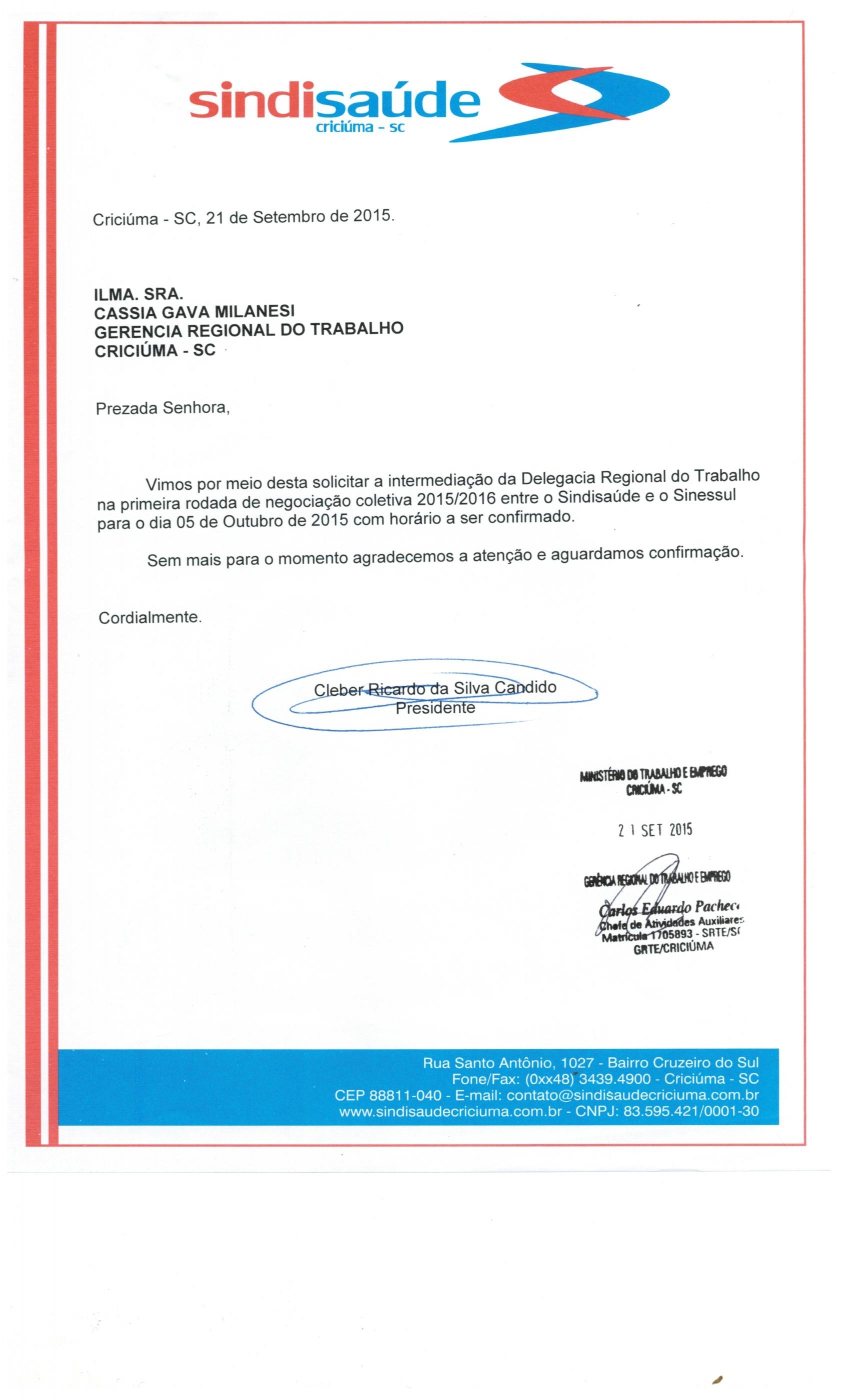 OFICIO ENCAMINHADO A GERÊNCIA REGIONAL DO TRABALHO