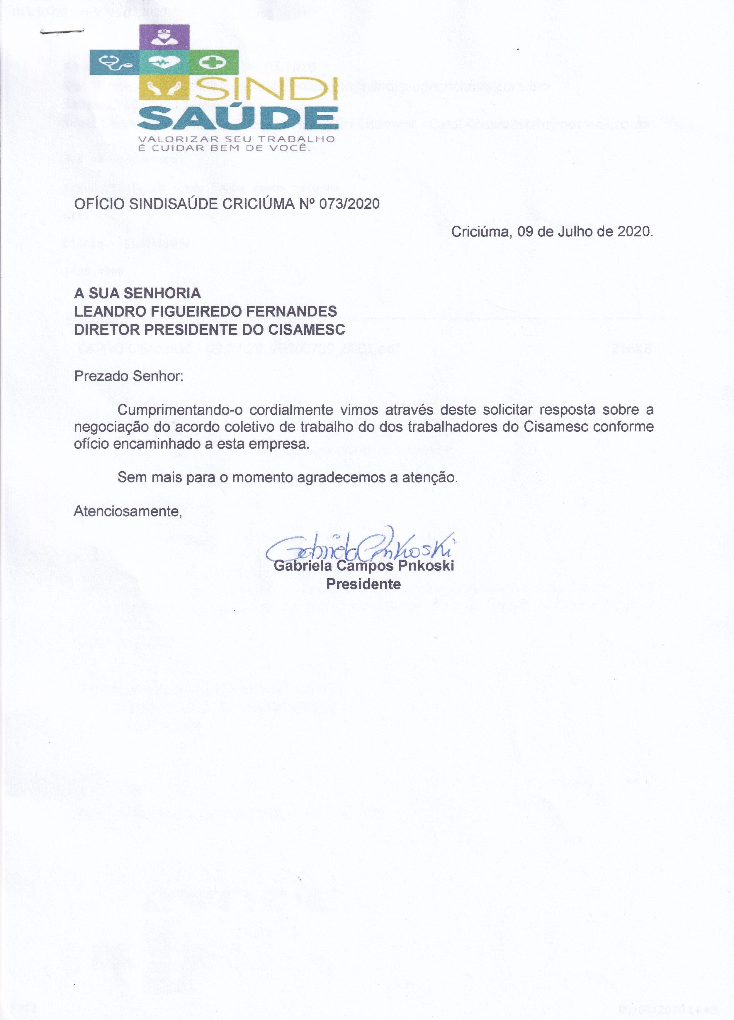 OFÍCIO ENCAMINHADO AO CISAMESC