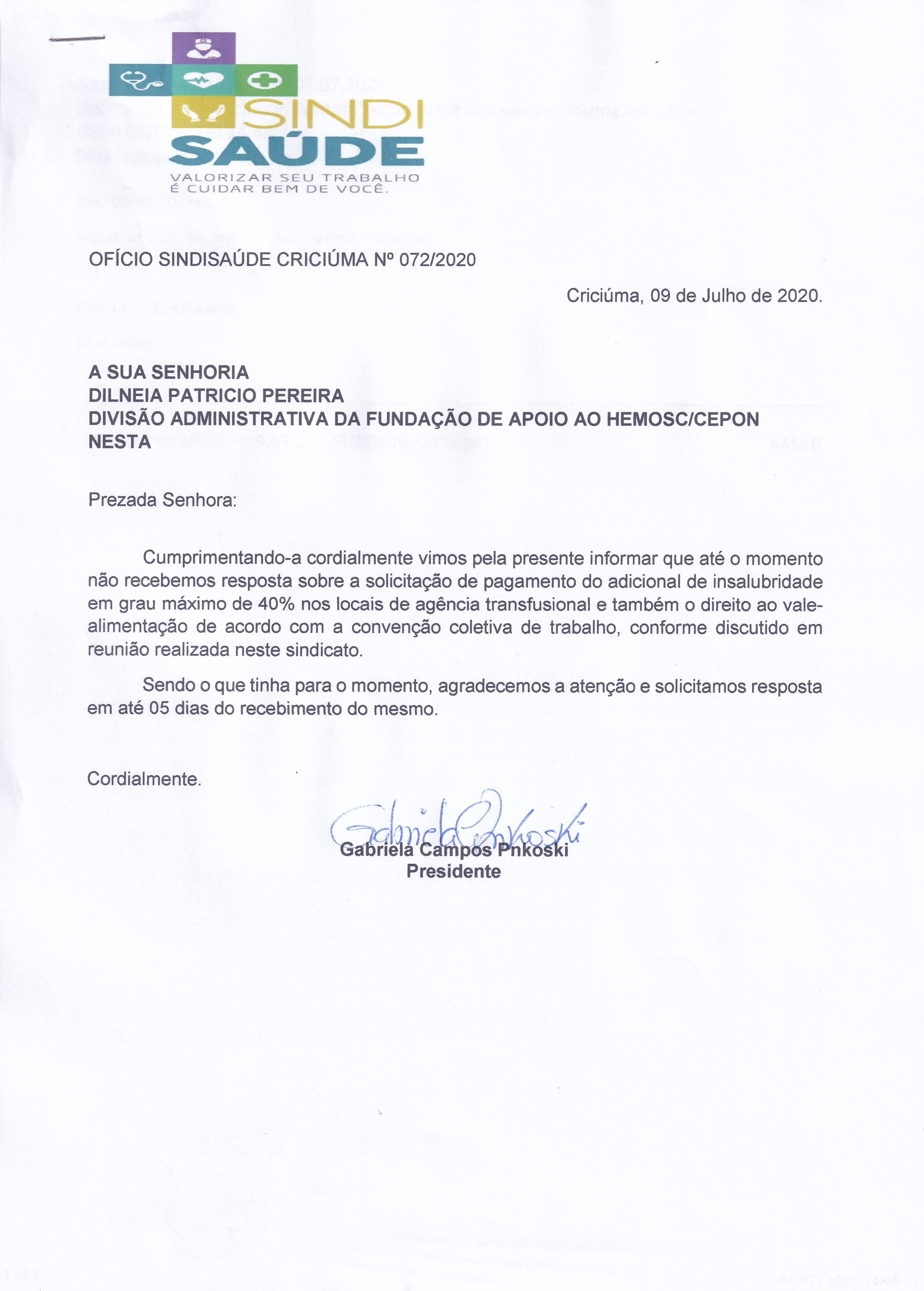 OFÍCIO ENCAMINHADO AO HEMOSC