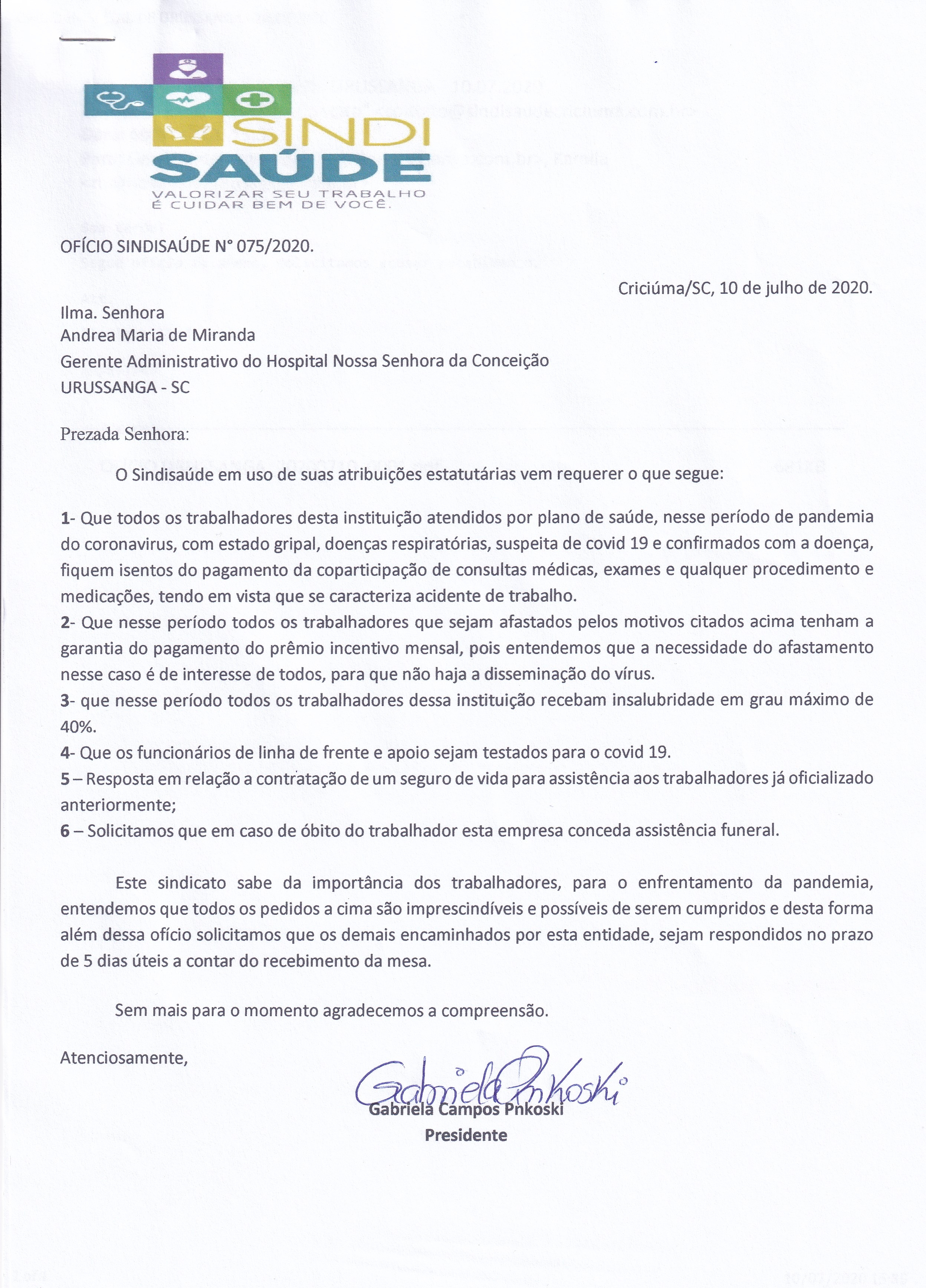 OFÍCIO ENCAMINHADO AO HOSPITAL DE URUSSANGA