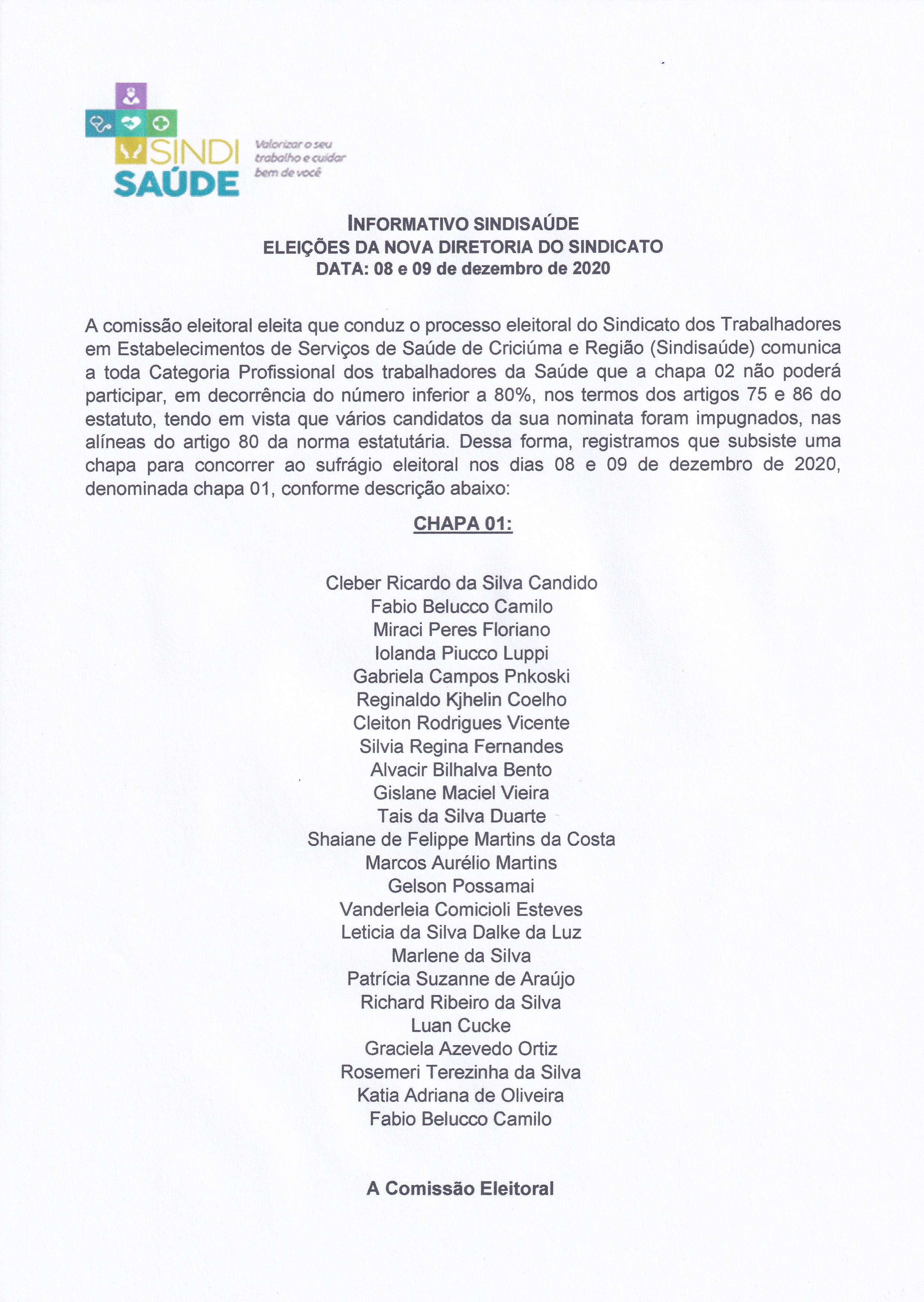 INFORMATIVO ELEIÇÕES DA NOVA DIRETORIA DO SINDISAÚDE