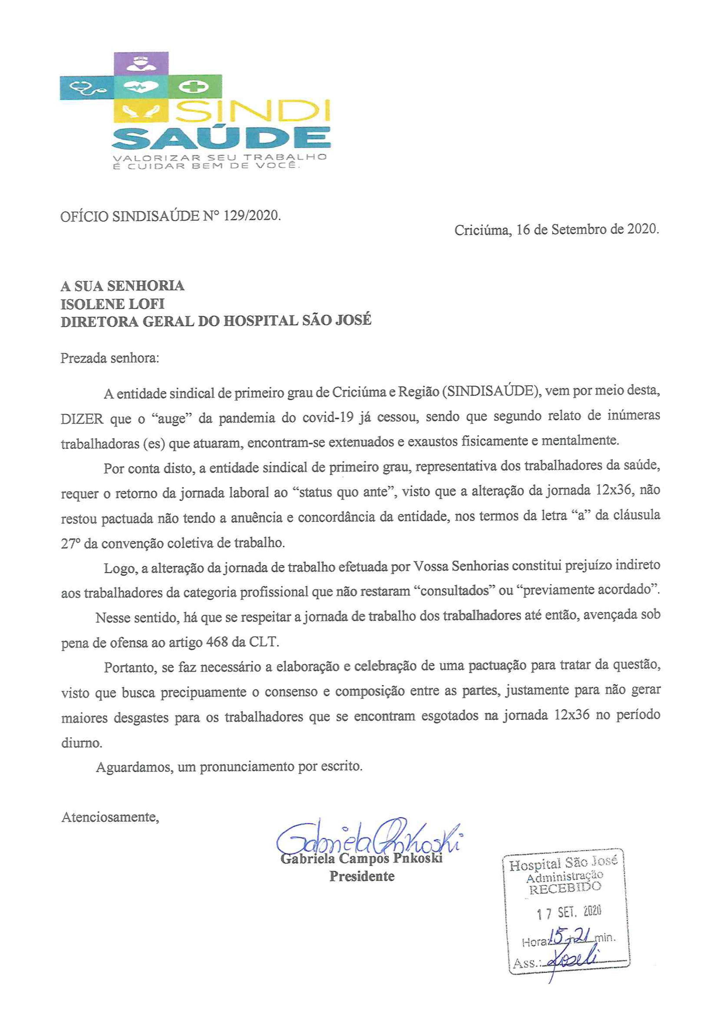 Ofício encaminhado ao Hospital São José