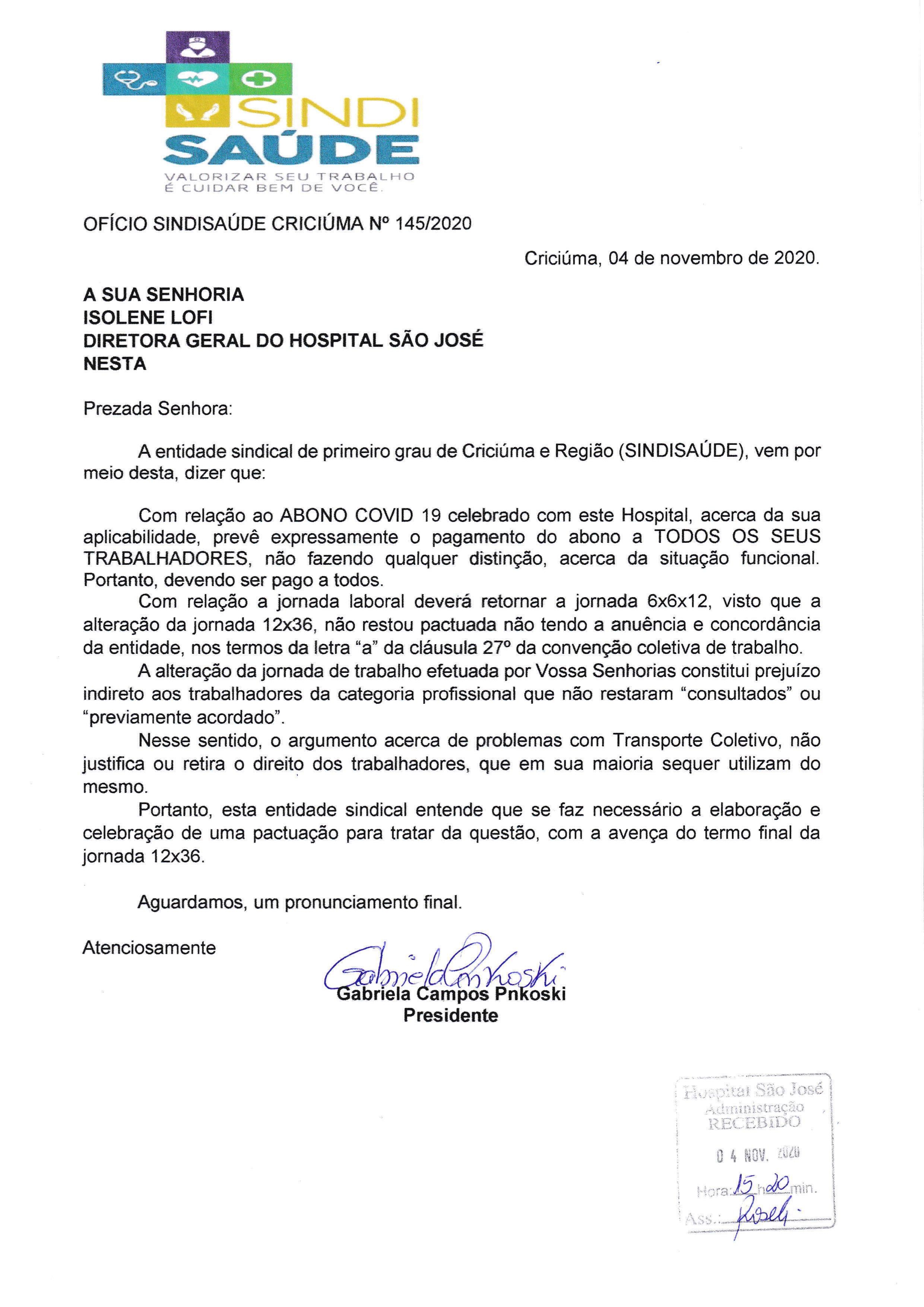 Ofício encaminhado ao Hospital São José