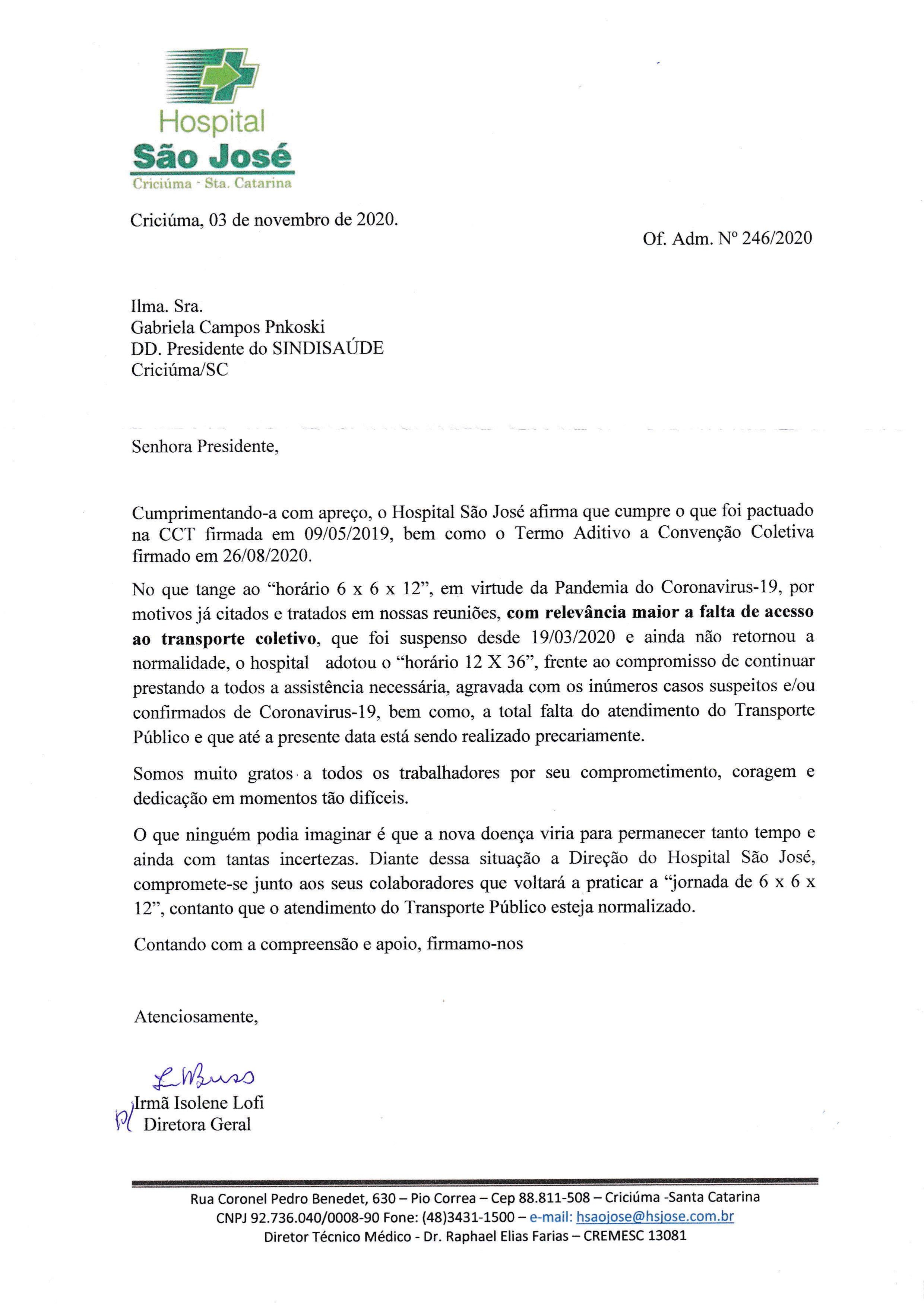 Ofício resposta do Hospital São José para o Sindicato