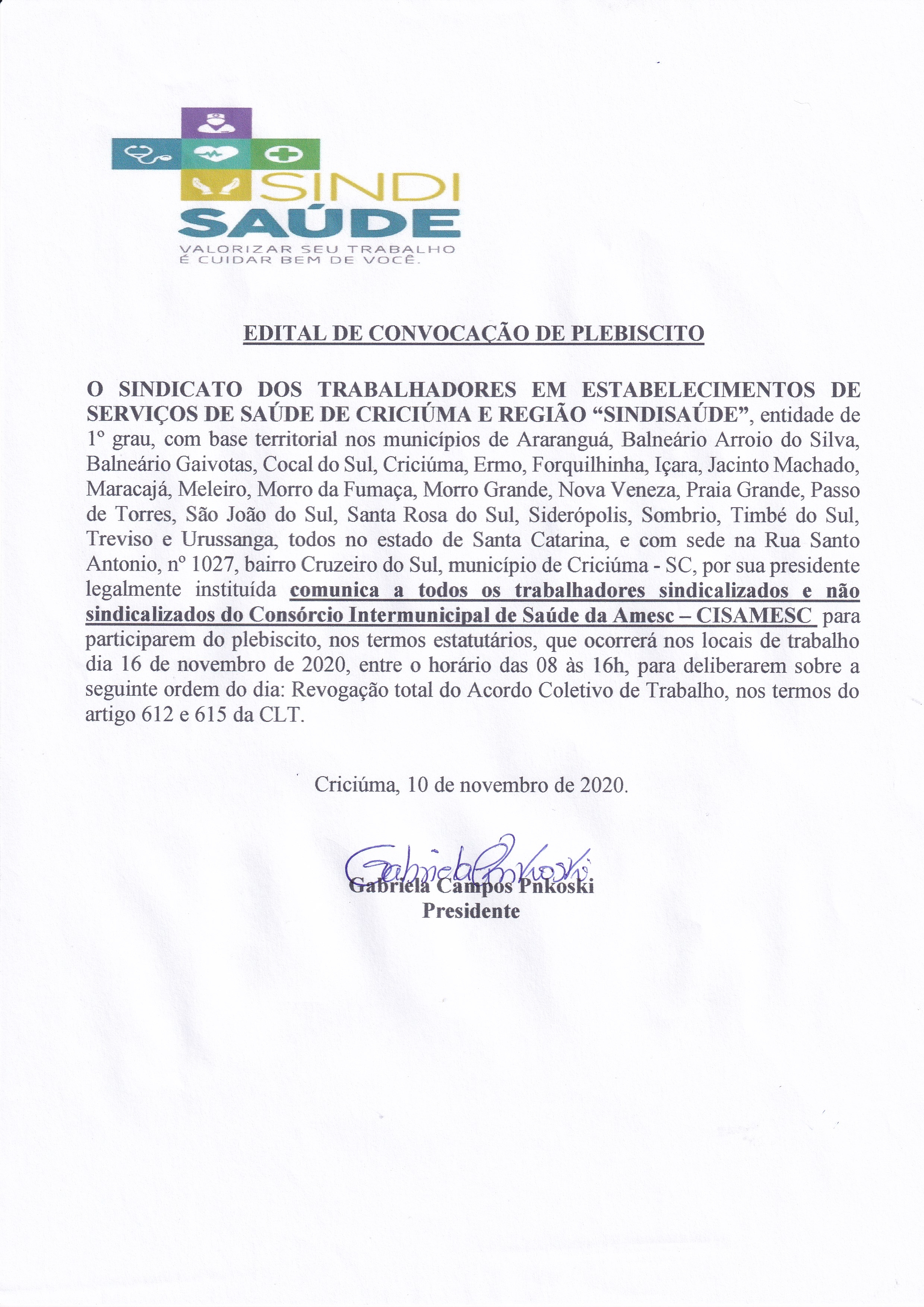 EDITAL DE CONVOCAÇÃO PLEBISCITO CISAMESC