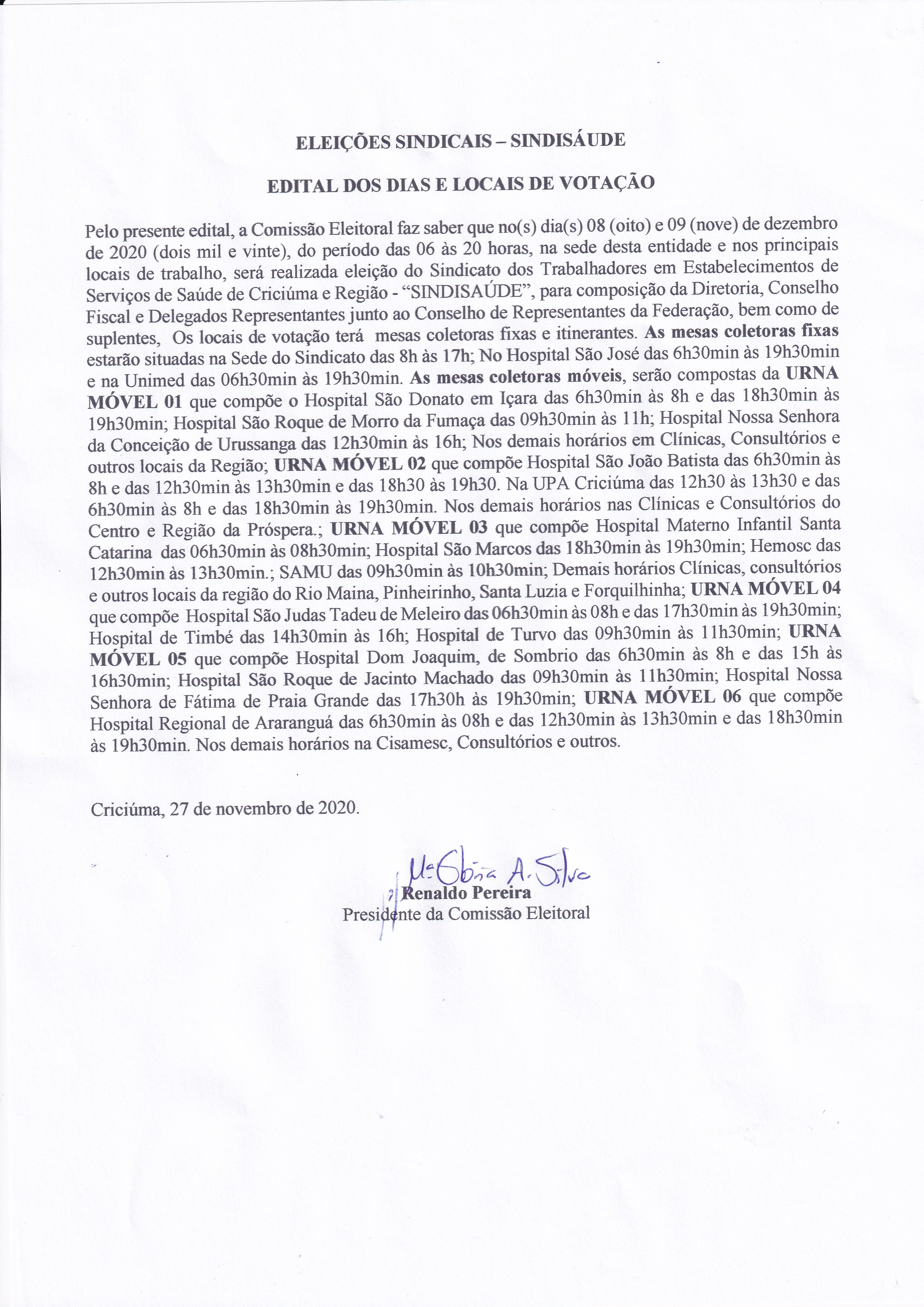 EDITAL DOS DIAS E LOCAIS DE VOTAÇÃO ELEIÇÕES SINDICAIS