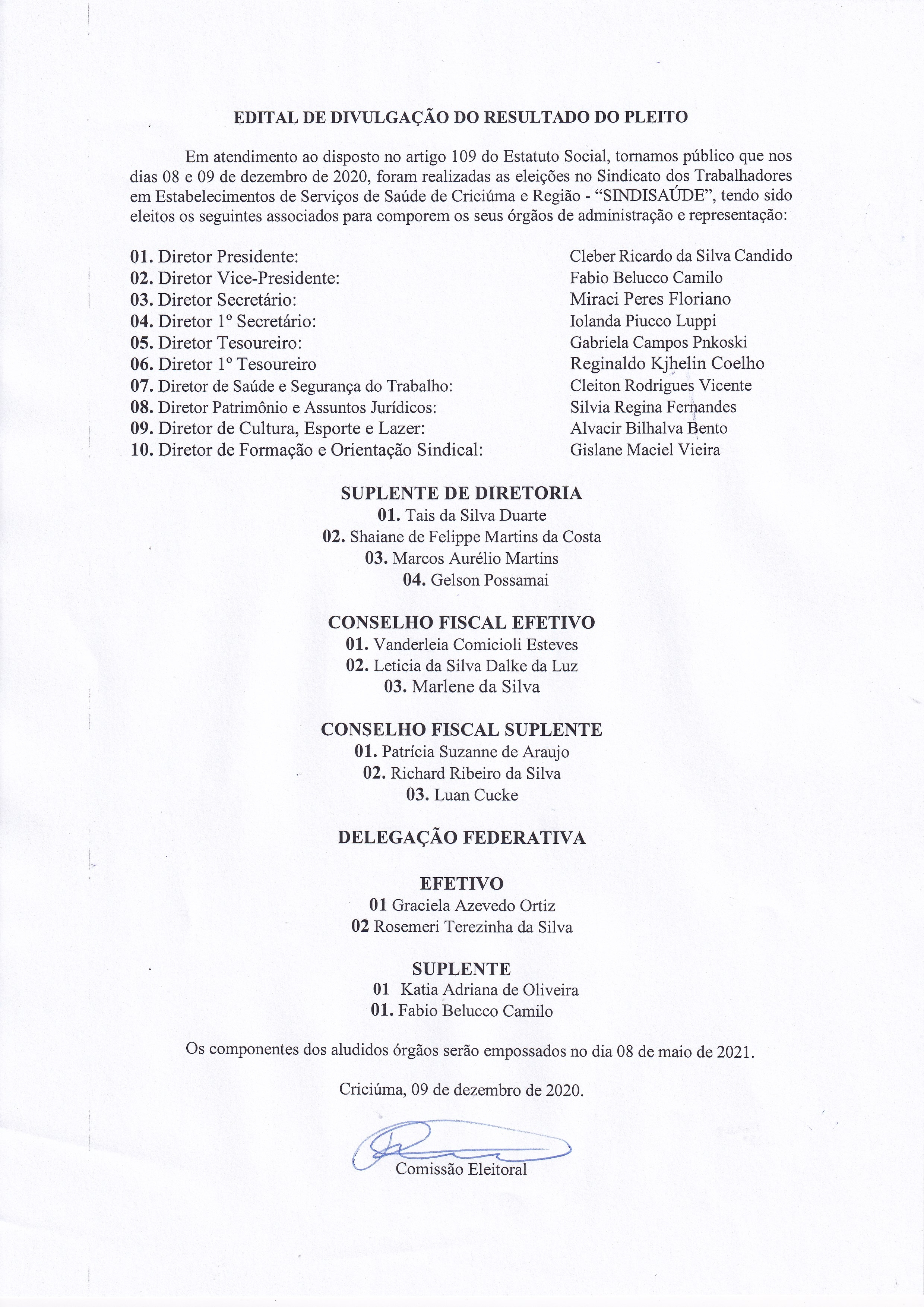 Edital de divulgação do resultado das eleições do Sindisaúde