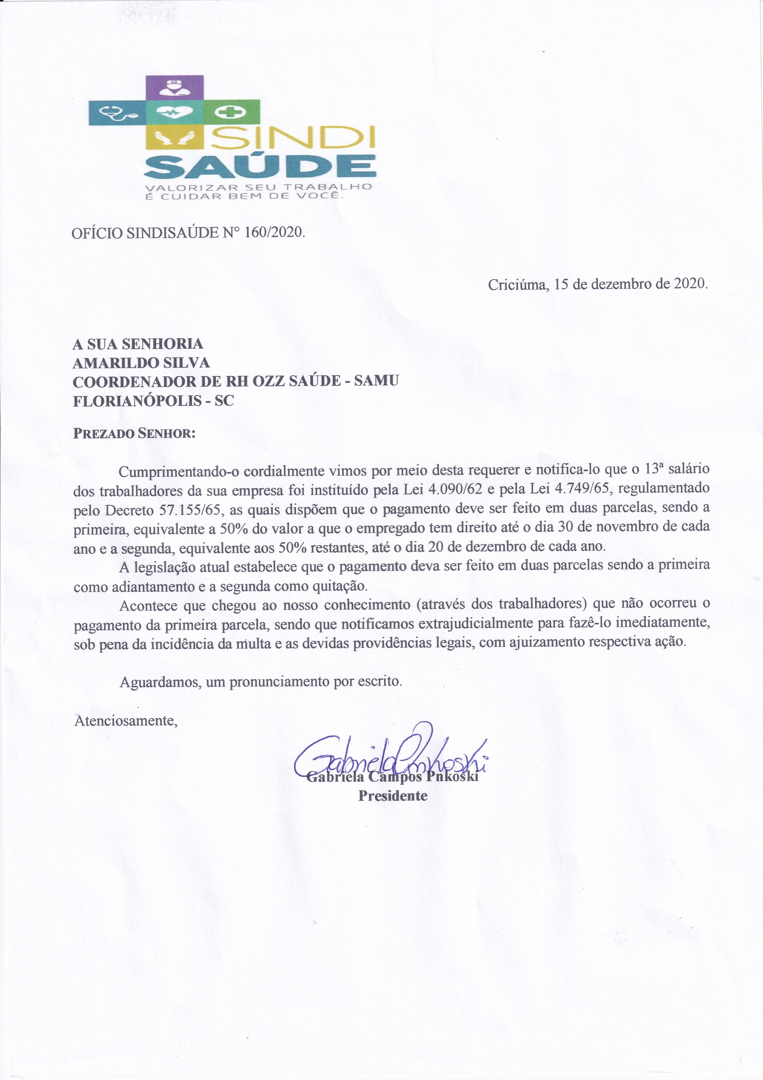 OFÍCIO ENCAMINHADO A OZZ SAÚDE SAMÚ SOBRE ATRASO PAGAMENTO DO 13 SALÁRIO