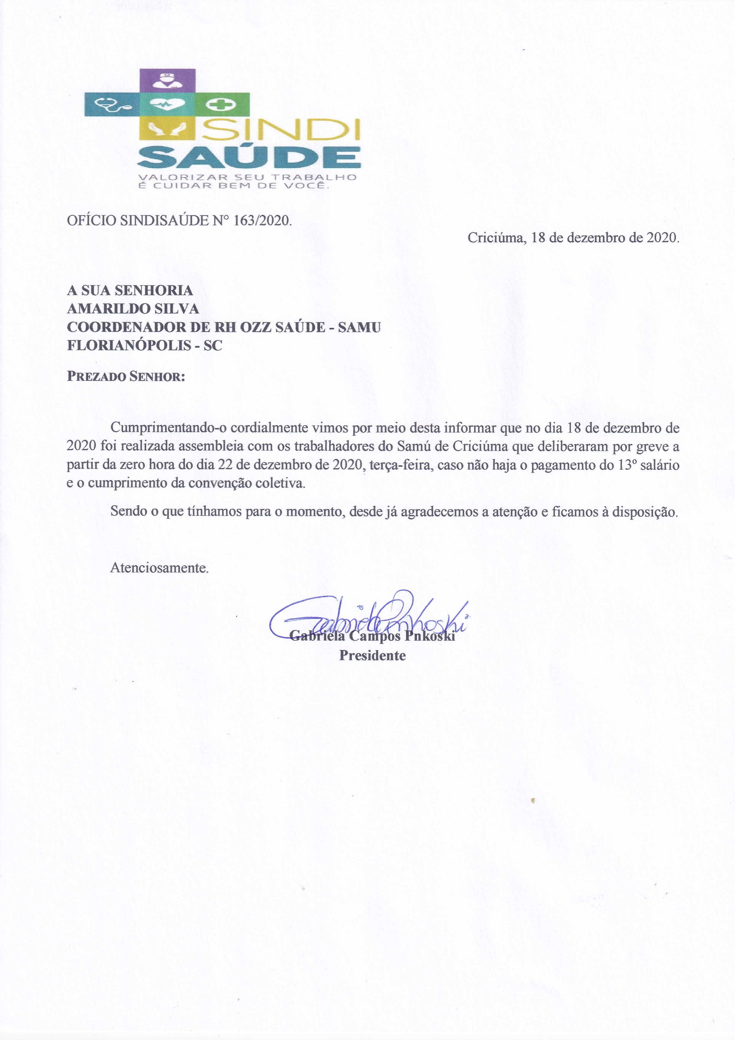 OFÍCIO COMUNICAÇÃO DE GREVE SAMÚ DE CRICIÚMA